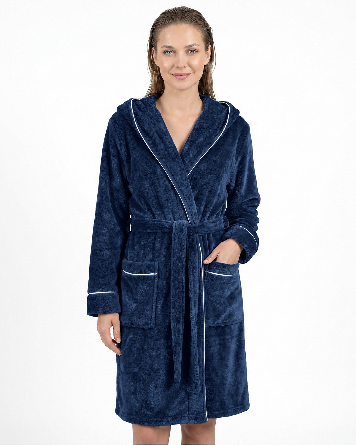 Gräfenstayn Damenbademantel Bademantel Damen flauschig Kapuze Kuschelfleece leicht kurz, warm & kuschelig, Knielang, Fronttaschen, Gürtel, S-XXL