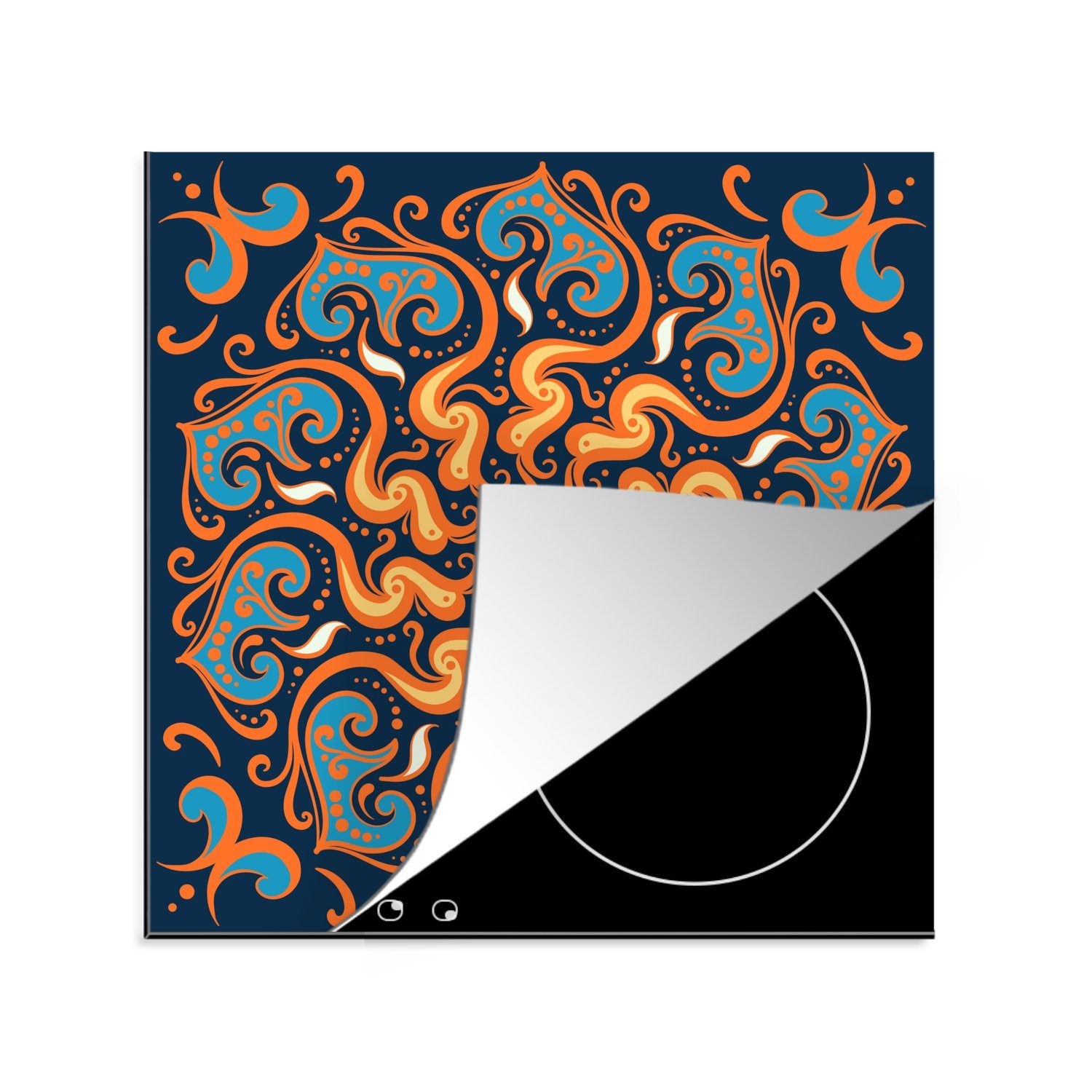 MuchoWow Herdblende-/Abdeckplatte Mandala - Blume - Blätter - Orange, Vinyl, (1 tlg), 78x78 cm, Ceranfeldabdeckung, Arbeitsplatte für küche