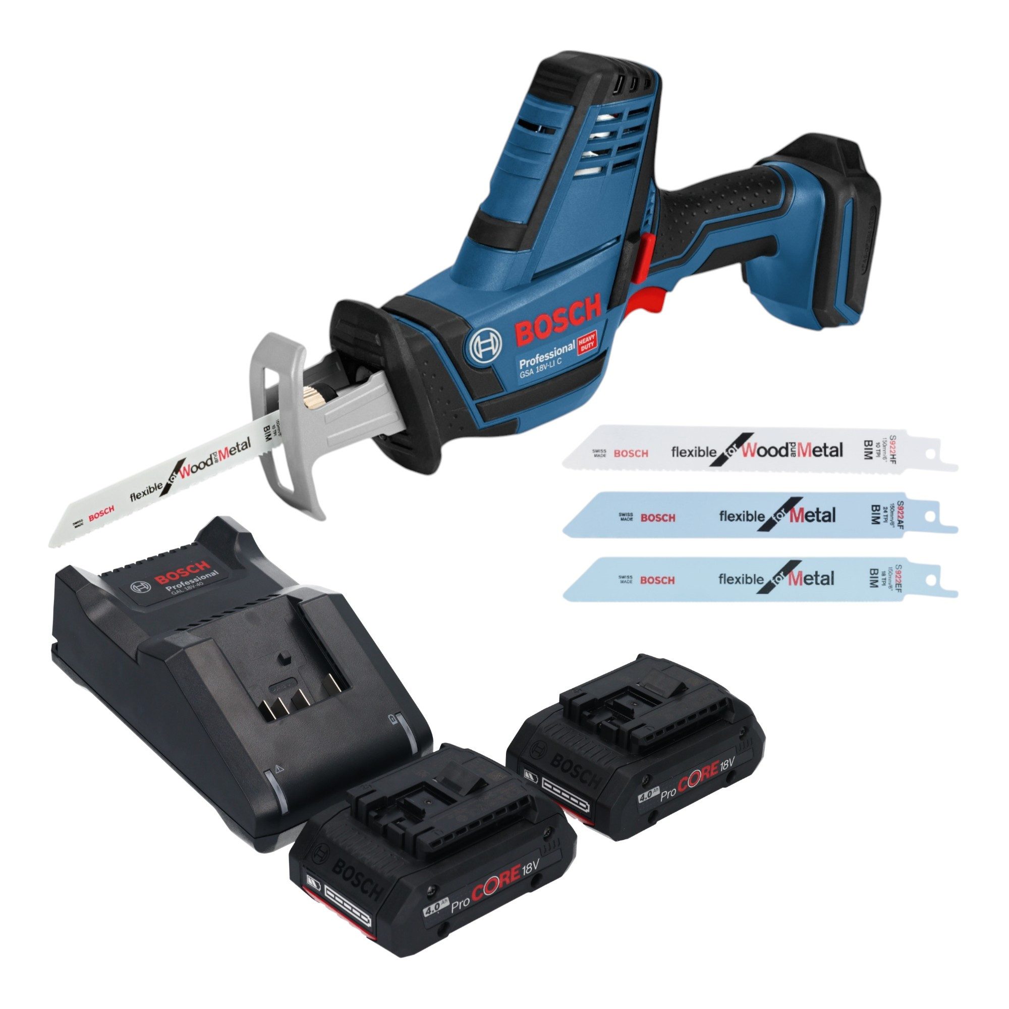 Bosch Professional Akku-Reciprosäge GSA 18V-LI C Professional 18V + 2x ProCORE Akku 4,0Ah + Ladegerät