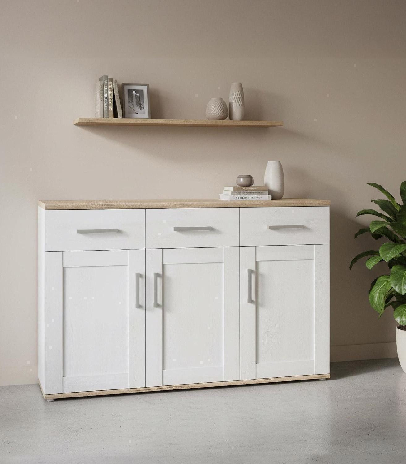 Sideboard ROMANCE, B 140 x H 88 cm, Weiß, Sibiu Lärche Dekor, 3 Türen und 3 Schubladen