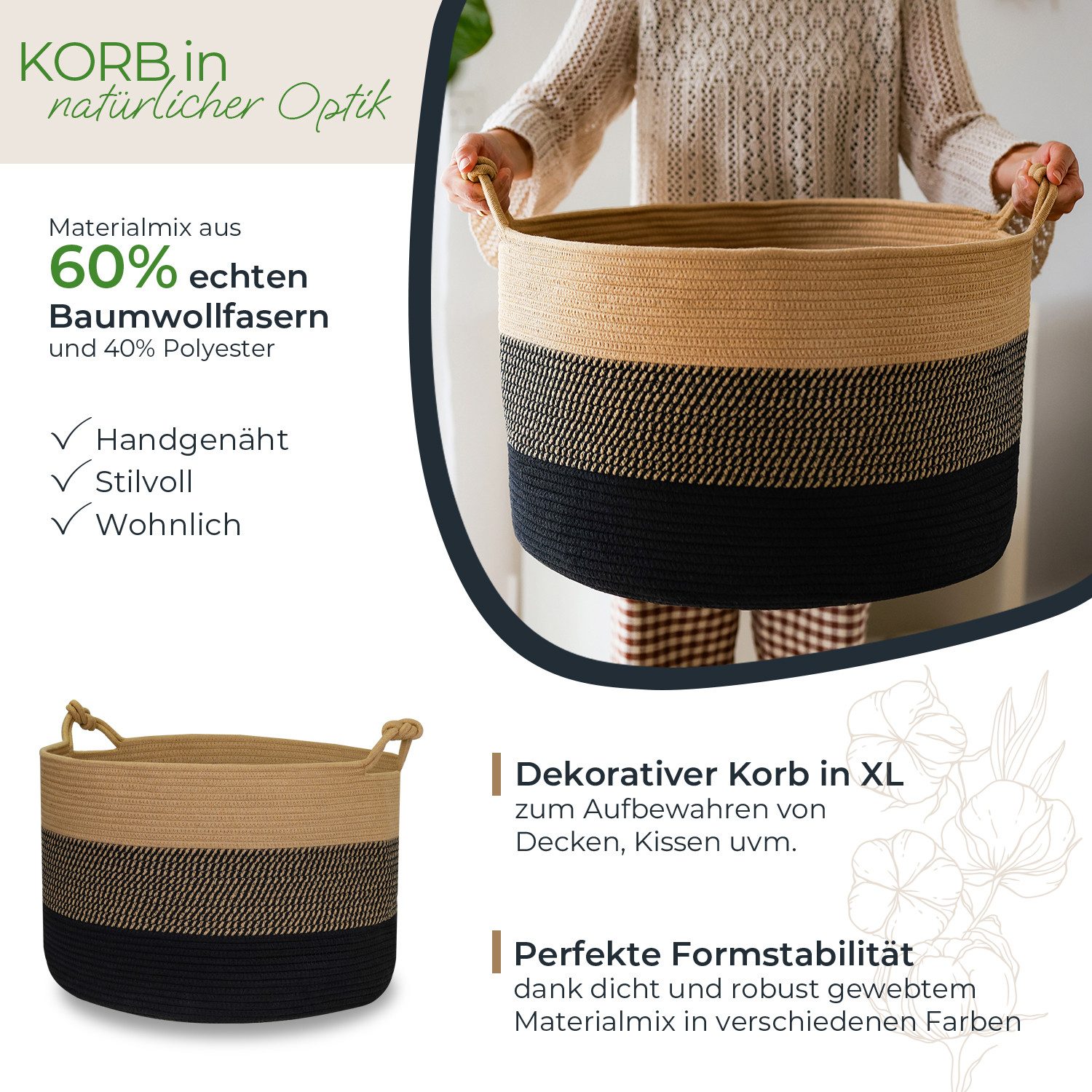 HMF Aufbewahrungskorb Aufbewahrungskorb mit Glücksknoten-Griffen, großer Korb aus Baumwolle, 50 x 33 cm, Schwarz-Honig – Bild 2 von 5