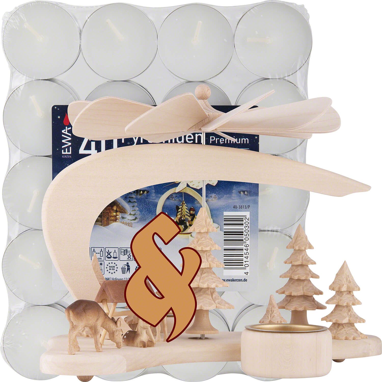 Erzgebirge-Palast Weihnachtspyramide Set 1-stöckige Pyramide Rehfamilie und eine Packung Teelichter von Erz