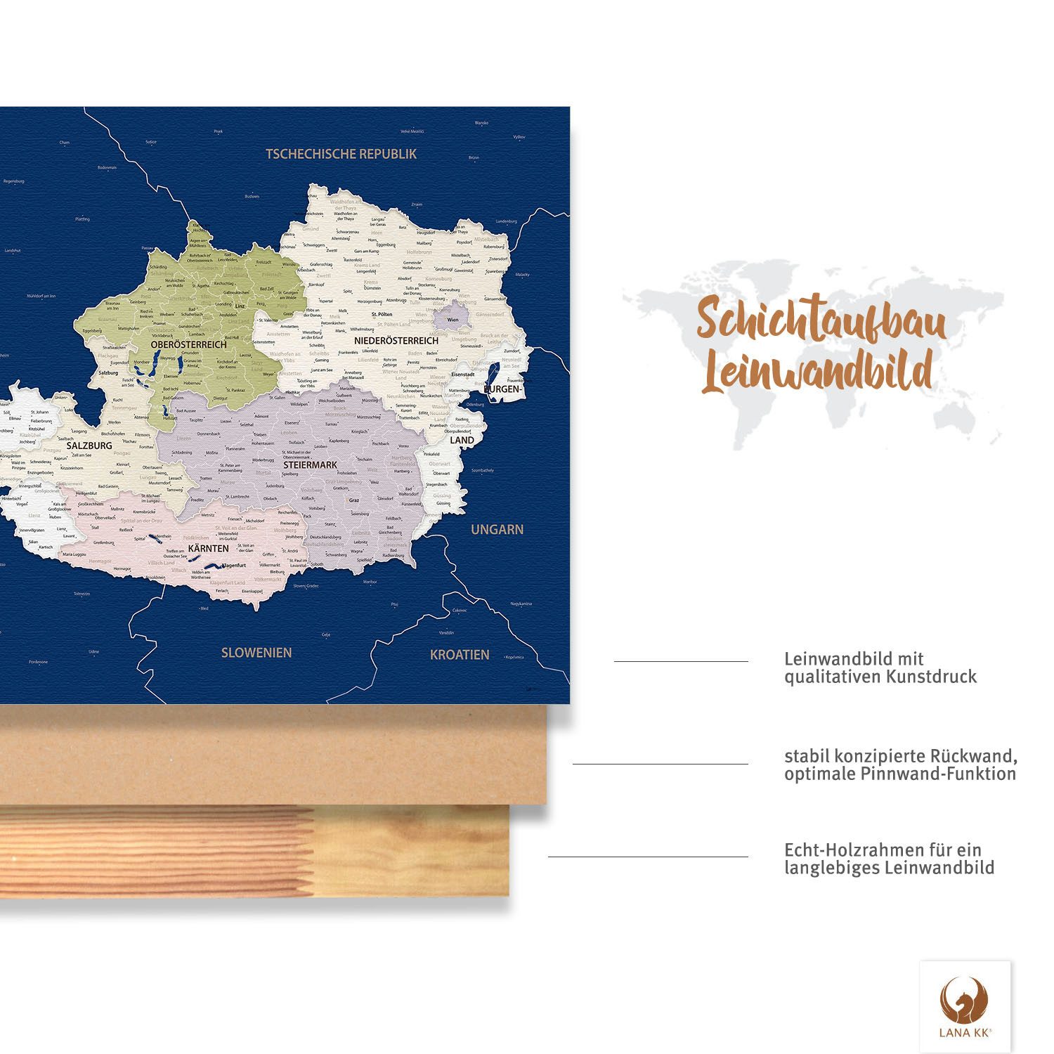 LANA KK Leinwandbild Österreichkarte, deutsche Beschriftung