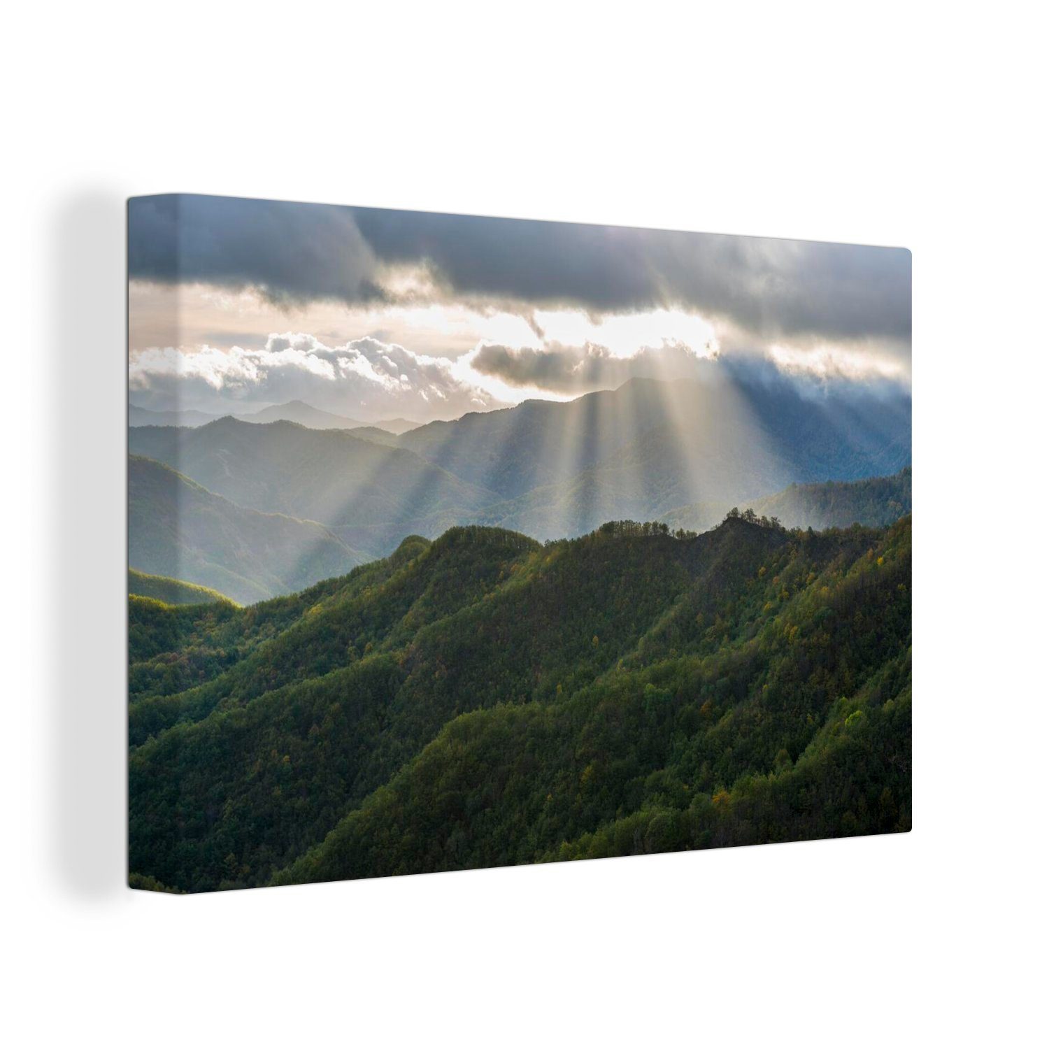 OneMillionCanvasses® Leinwandbild Lichtstrahlen im Nationalpark Foreste Casentinesi in Italien, (1 St), Wandbild Leinwandbilder, Aufhängefertig, Wanddeko, 30x20 cm