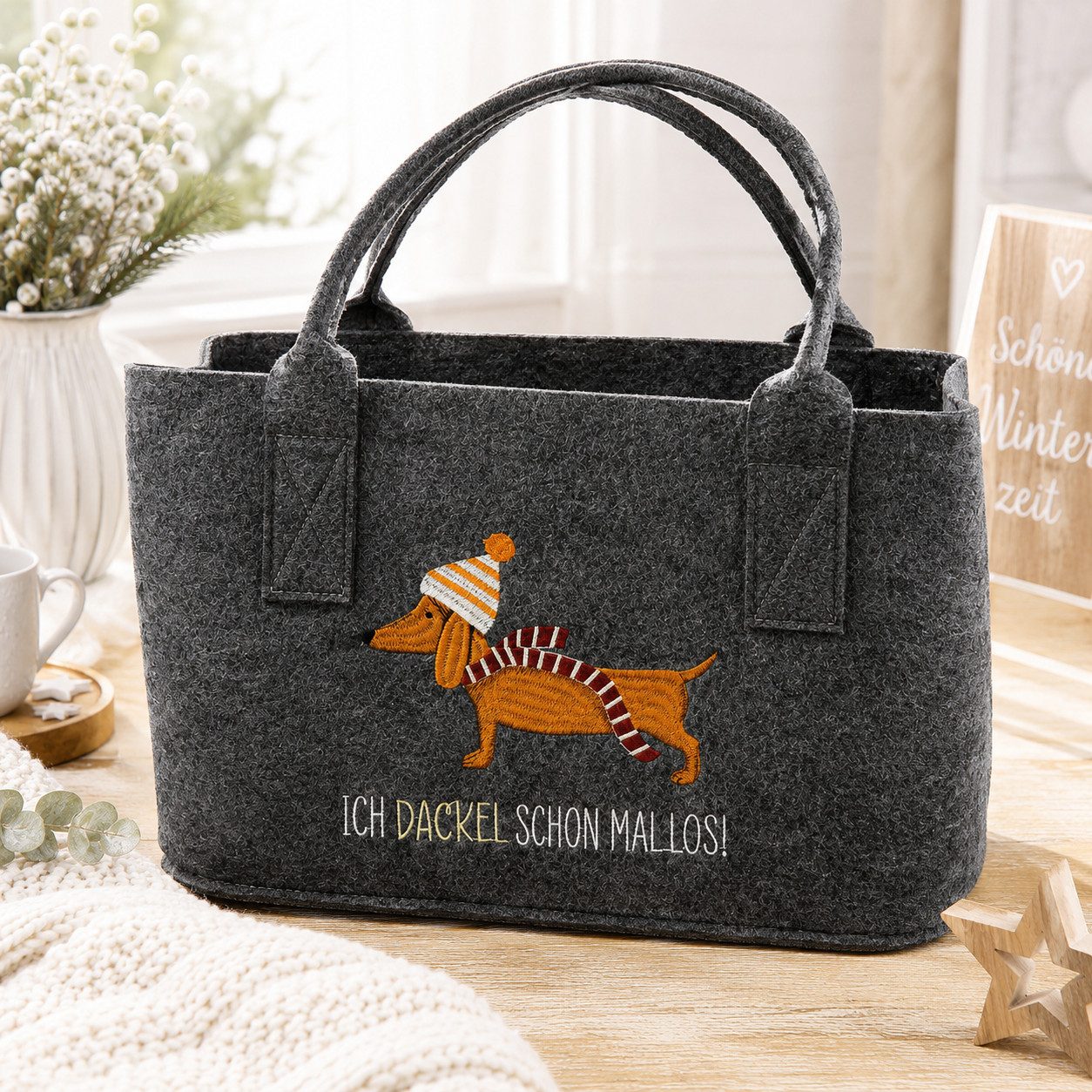 MF Shopper Filztasche Frieda mit Dackelmotiv für Weihnachten und Winter (1-tlg)