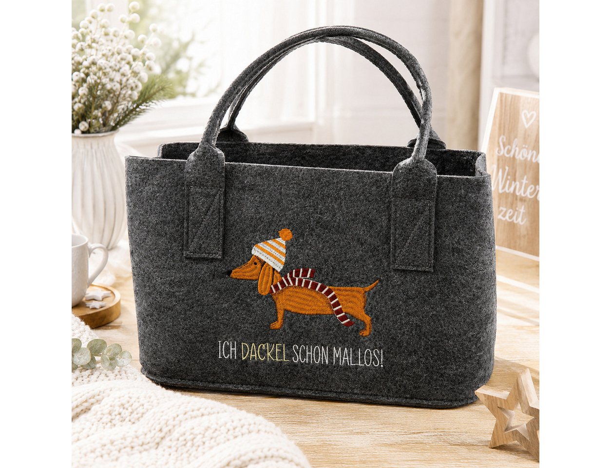 MF Shopper Filztasche Frieda mit Dackelmotiv für Weihnachten und Winter (1-tlg)