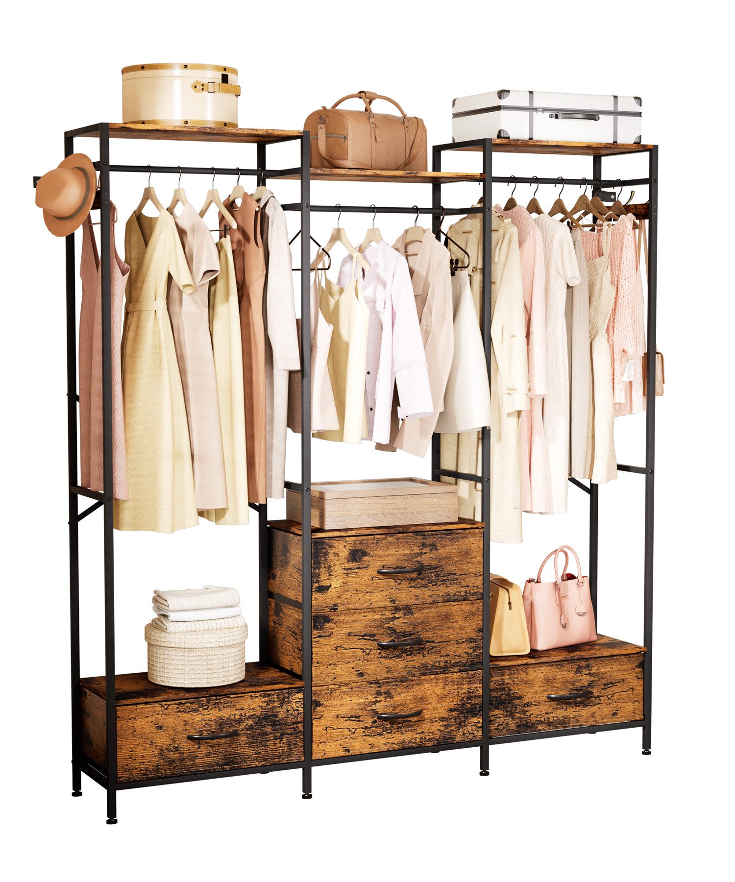 Yorbay Kleiderständer Kleiderregal mit 3 Kleiderstangen, 5 Schubladen & 4 Haken, (151x34x193,6 cm), Ideal als Garderobenständer für Schlafzimmer, Ankleidezimmer