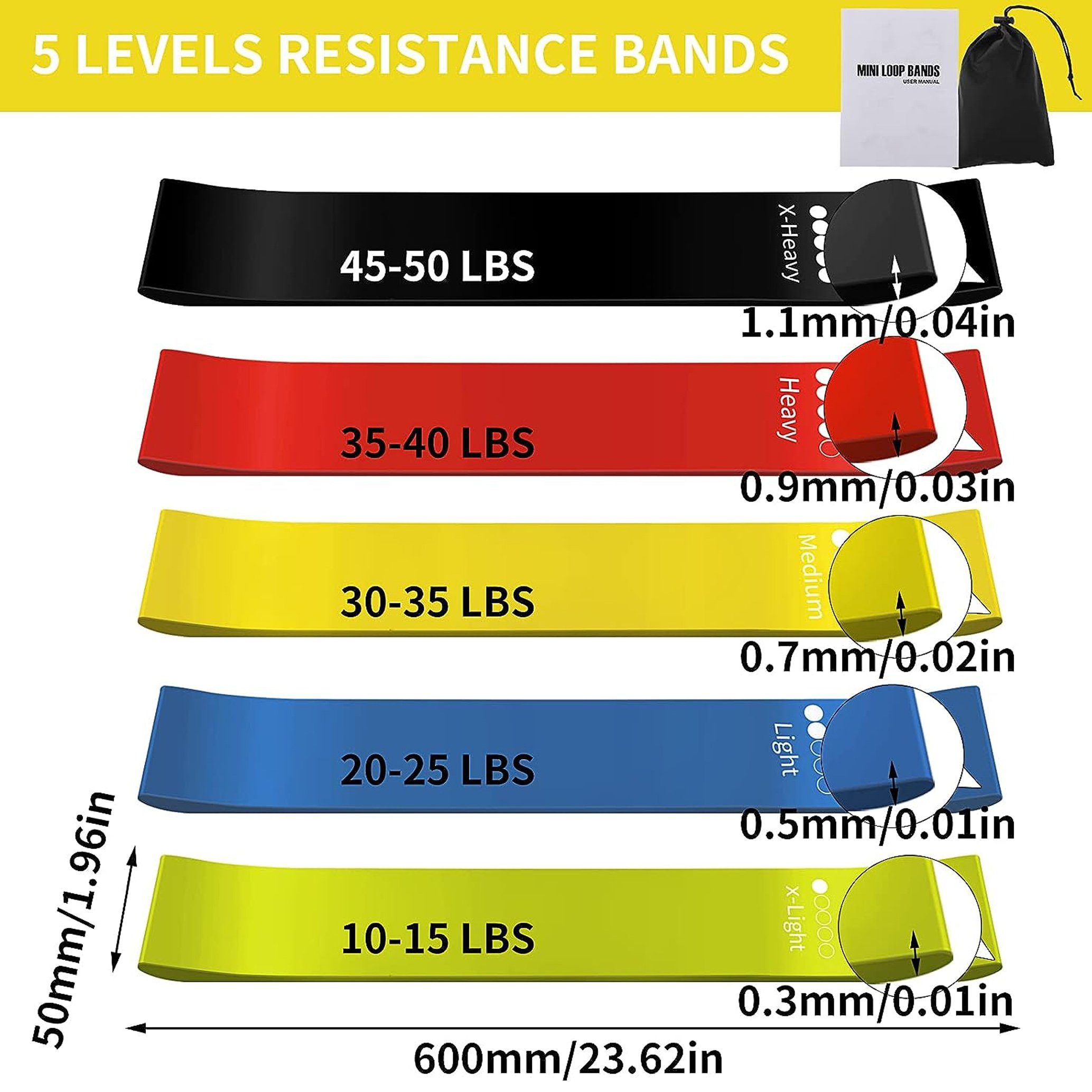 Übungsband Widerstandsbänder Fitnessband 5 rot, grün, GOLDEN Sportband schwarz Stück Training Trainingsbänder blau, Hüftbänder gelb,