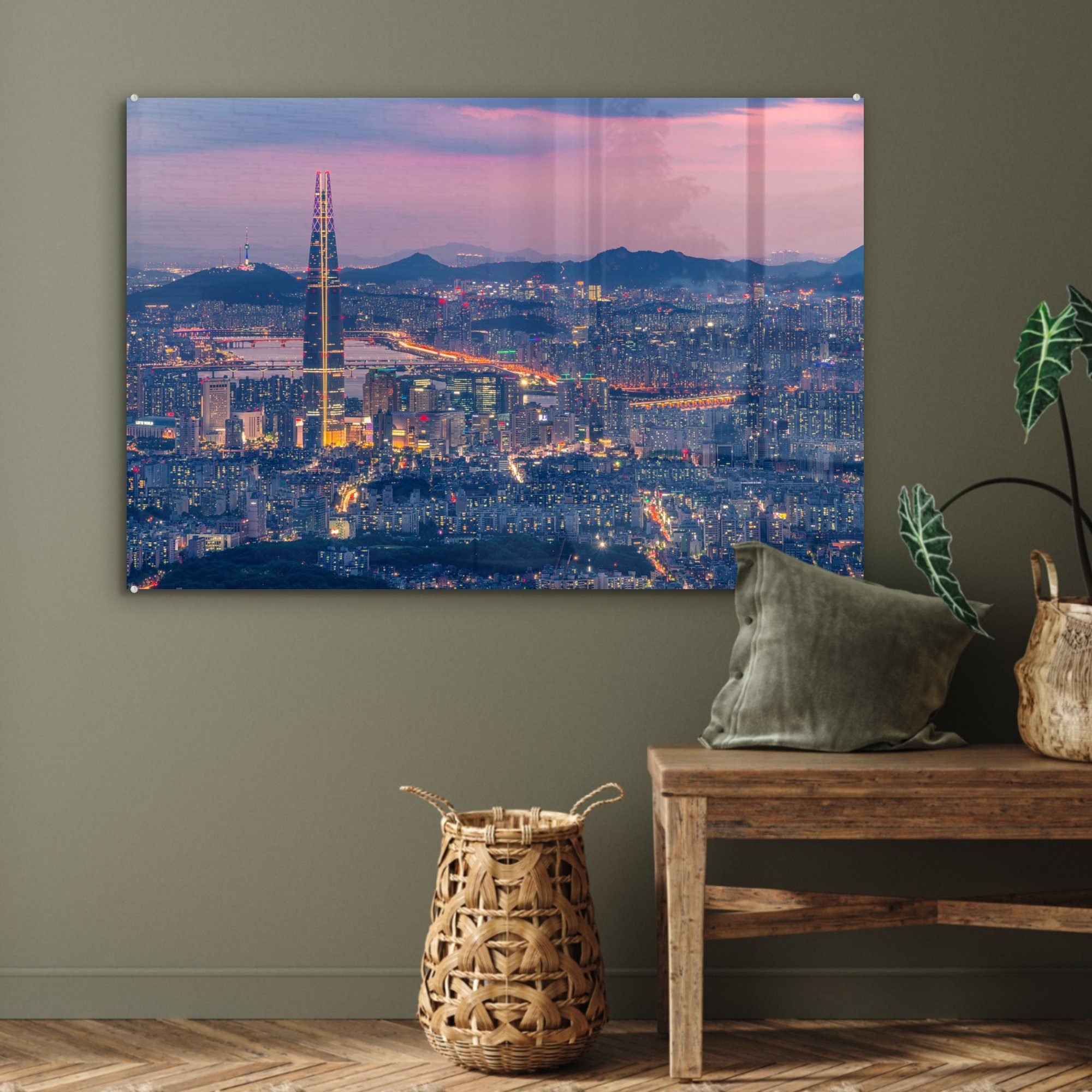 St), hohen & Acrylglasbilder Türmen, Wohnzimmer mit MuchoWow Seoul seinen Blick auf Acrylglasbild (1 Schlafzimmer