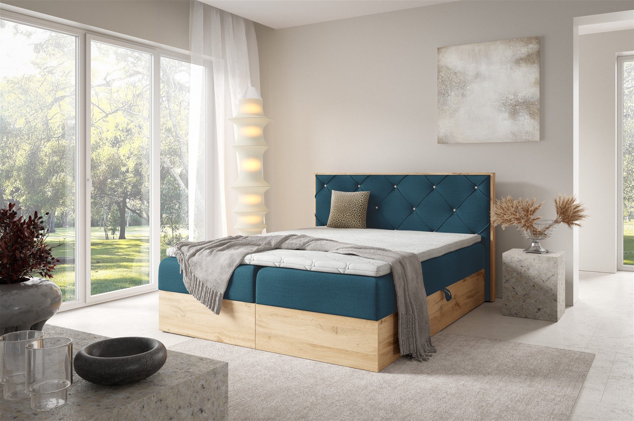 Fun Möbel Boxbett Bett Schlafzimmerbett HELIOS PREMIUM in Stoff Rouge (mit Taschenfederkernmatratze, mit Bettkästen), Strasssteine im Kopfteil