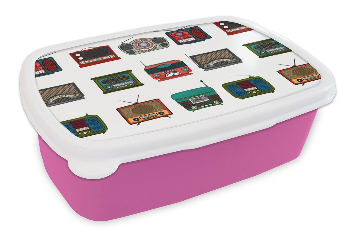MuchoWow Lunchbox Retro - Radio - Design, Kunststoff, (2-tlg), Brotbox für Erwachsene, Brotdose Kinder, Snackbox, Mädchen, Kunststoff rosa