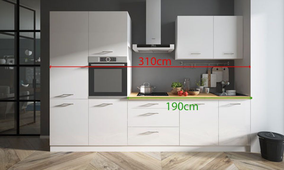 Feldmann-Wohnen Küchenzeile Küchenzeile ESSEN TREND 310 weiß / weiß Hochglanz #dv16, (Schubladen mit Teilauszug und Soft-Close-Funktion), 310x60x207cm weiß / weiß hochglanz - eiche lancelot, 8-teilig