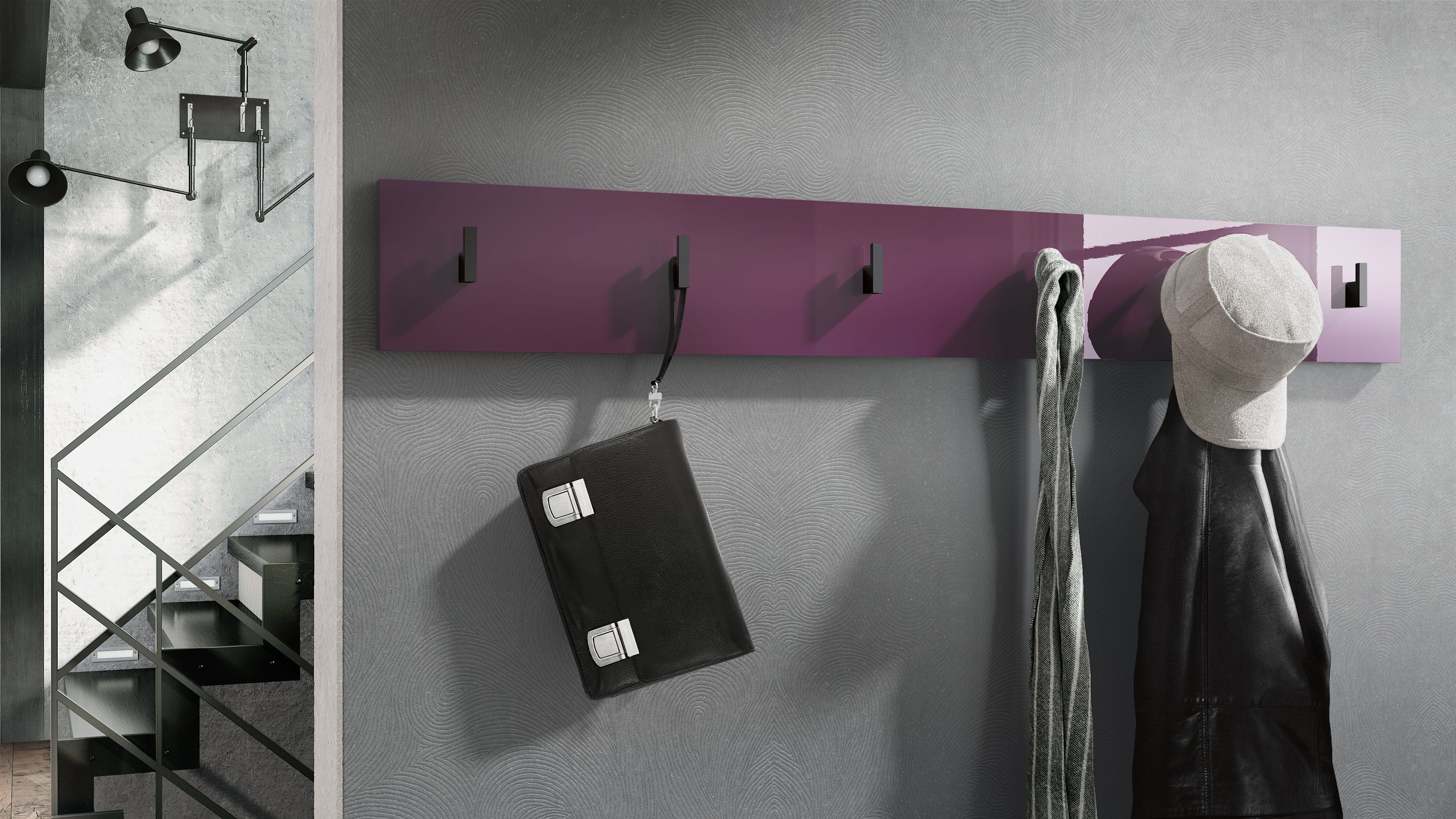 Vladon Garderobenpaneel Linea V1 (Wandgarderobe, mit 6 Kleiderhaken), Brombeer Hochglanz (110,5 x 14,5 x 3,5 cm)