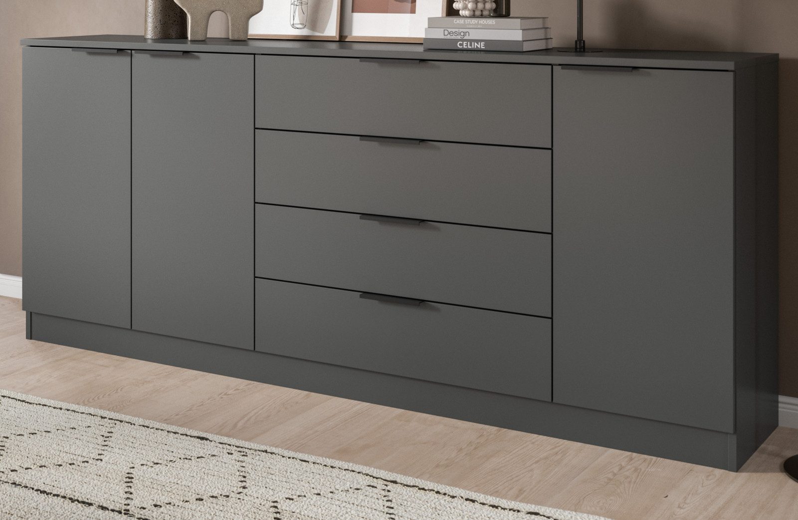Inn.Furn Sideboard Swan (Anrichte in mattem Grau, mit Türen und Schubkästen, 185 x 80 cm), mit Vollauszug