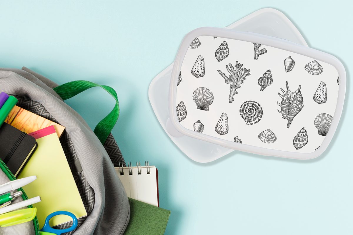 MuchoWow Lunchbox Muscheln - Meer Kunststoff, Kinder (2-tlg), weiß für Mädchen und für Koralle, Sommer - Jungs Erwachsene, - und Brotdose, Brotbox