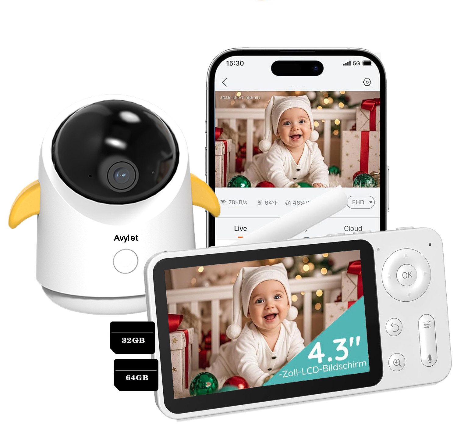Video-Babyphone 4,3 Zoll Video-Babyfon mit Kamera 360° WLAN Babyphone mit App