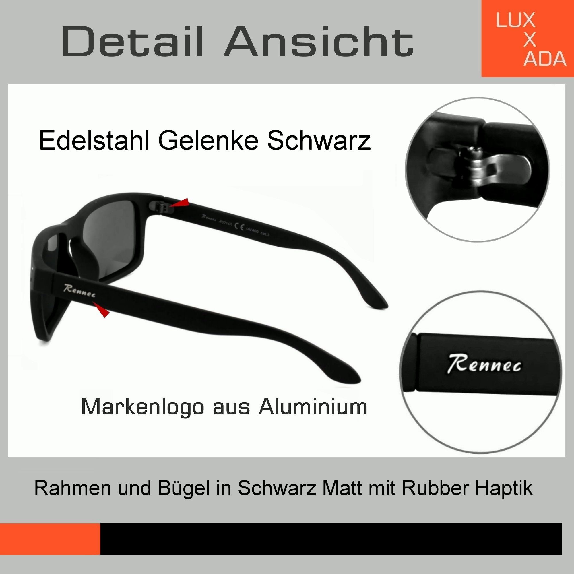 Rennec Sonnenbrille Herren Rechteckig Polarisiert Verspiegelt Markenbrille mit Hardcase Gläser UV400 Getönt oder Verspiegelt, stabile Bügelgelenke – Bild 5 von 5