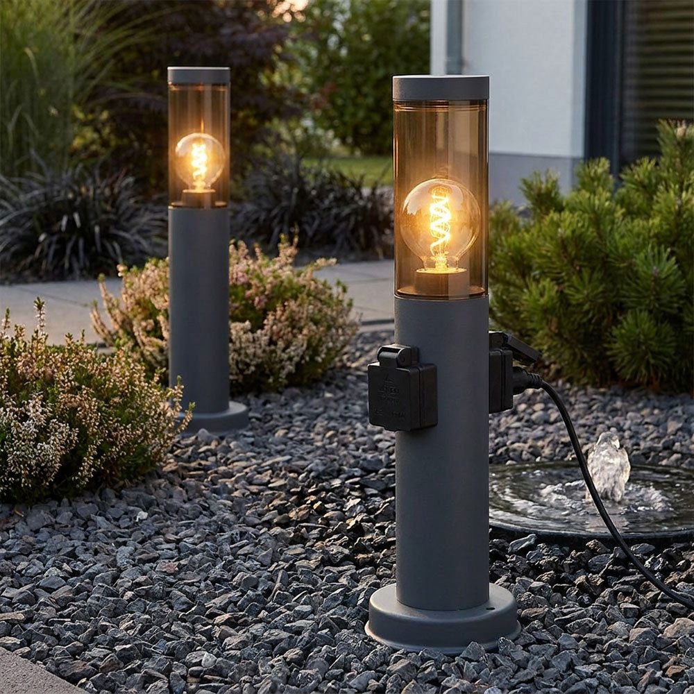 GLOBO LIGHTING Außen-Stehlampe, Leuchtmittel nicht inklusive, Sockelleuchte Außenlampe Stehleuchte Steckdosen anthrazit rauch 2x