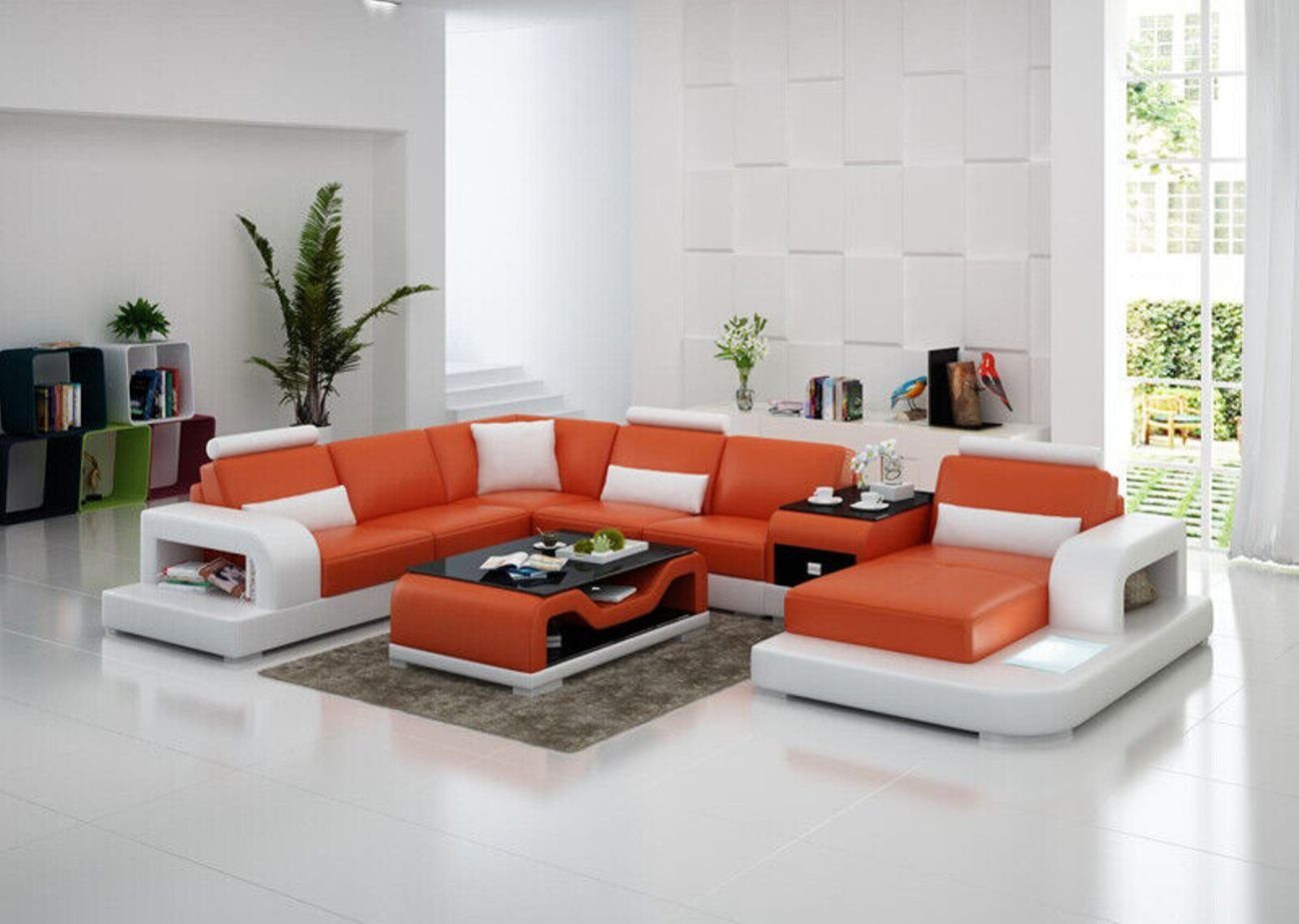 JVmoebel Ecksofa Ledersofa Wohnlandschaft Ecksofa Eck Garnitur Modern Sofa mit USB Orange
