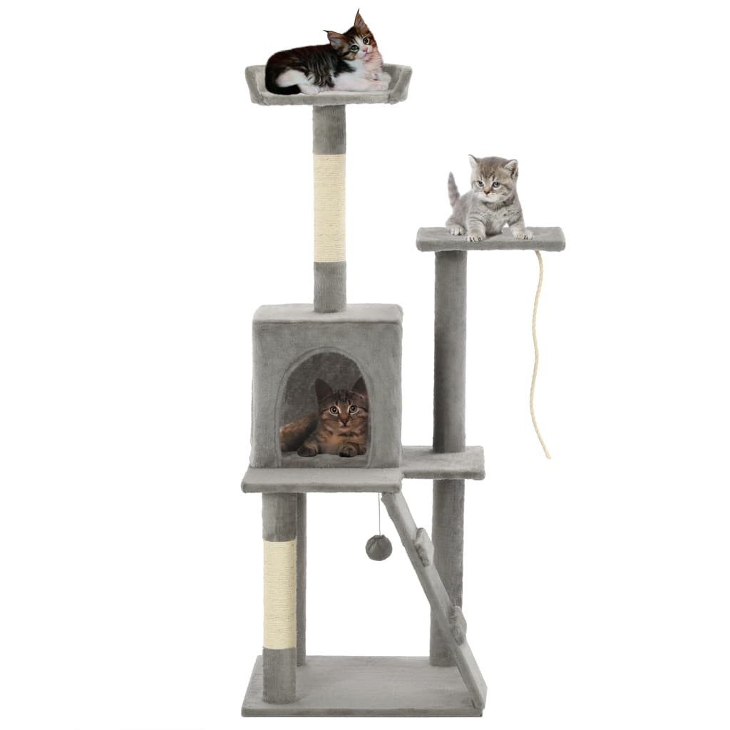 furnicato Kratzbaum Katzenbaum mit Sisal-Kratzsäulen 120 cm Grau, Kratzmöbel mit gemütlichem Häuschen, Rampe und Kletterseil für Katzen