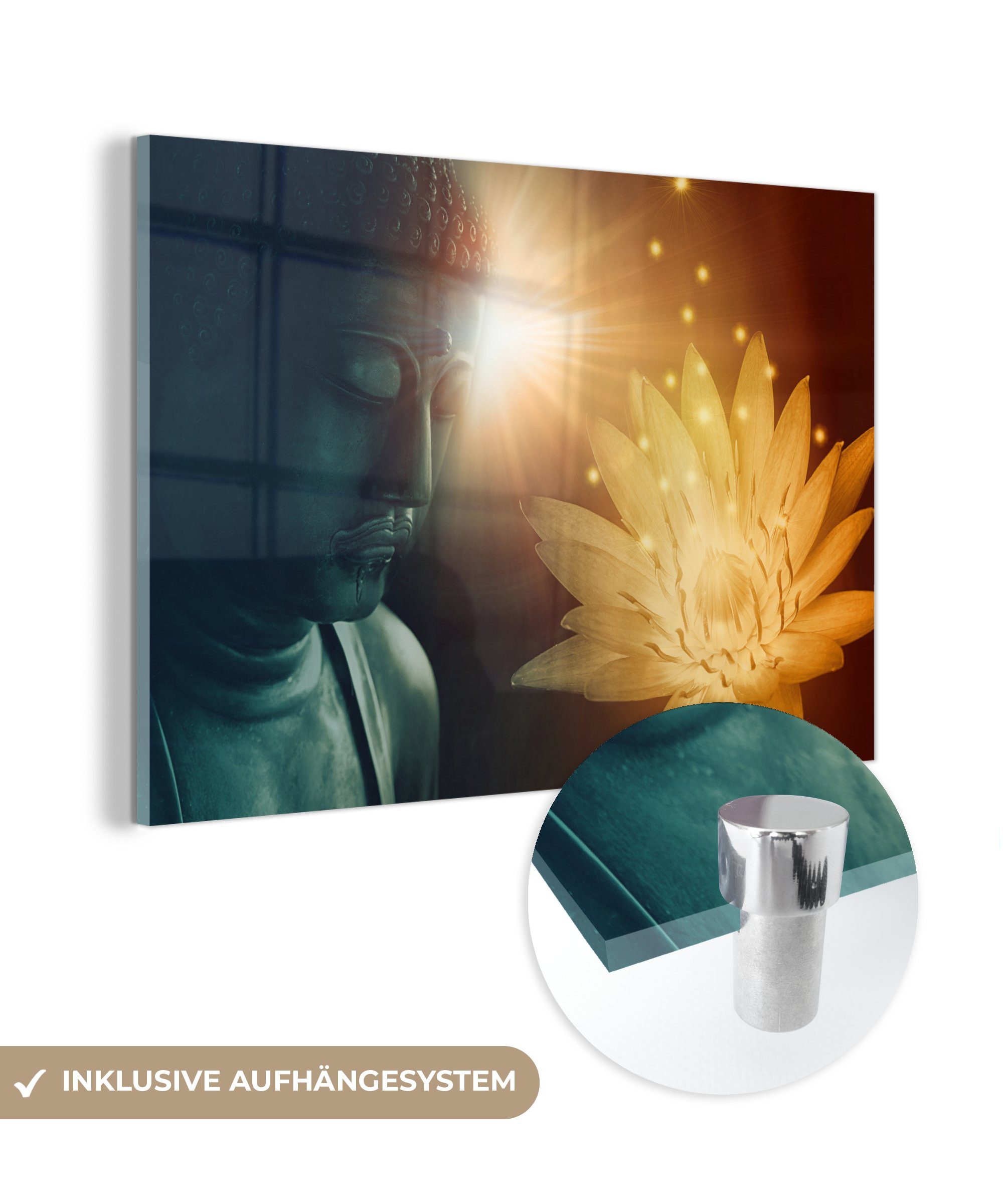 MuchoWow Acrylglasbild Buddha - Blume - Licht, (1 St), Acrylglasbilder Wohnzimmer & Schlafzimmer