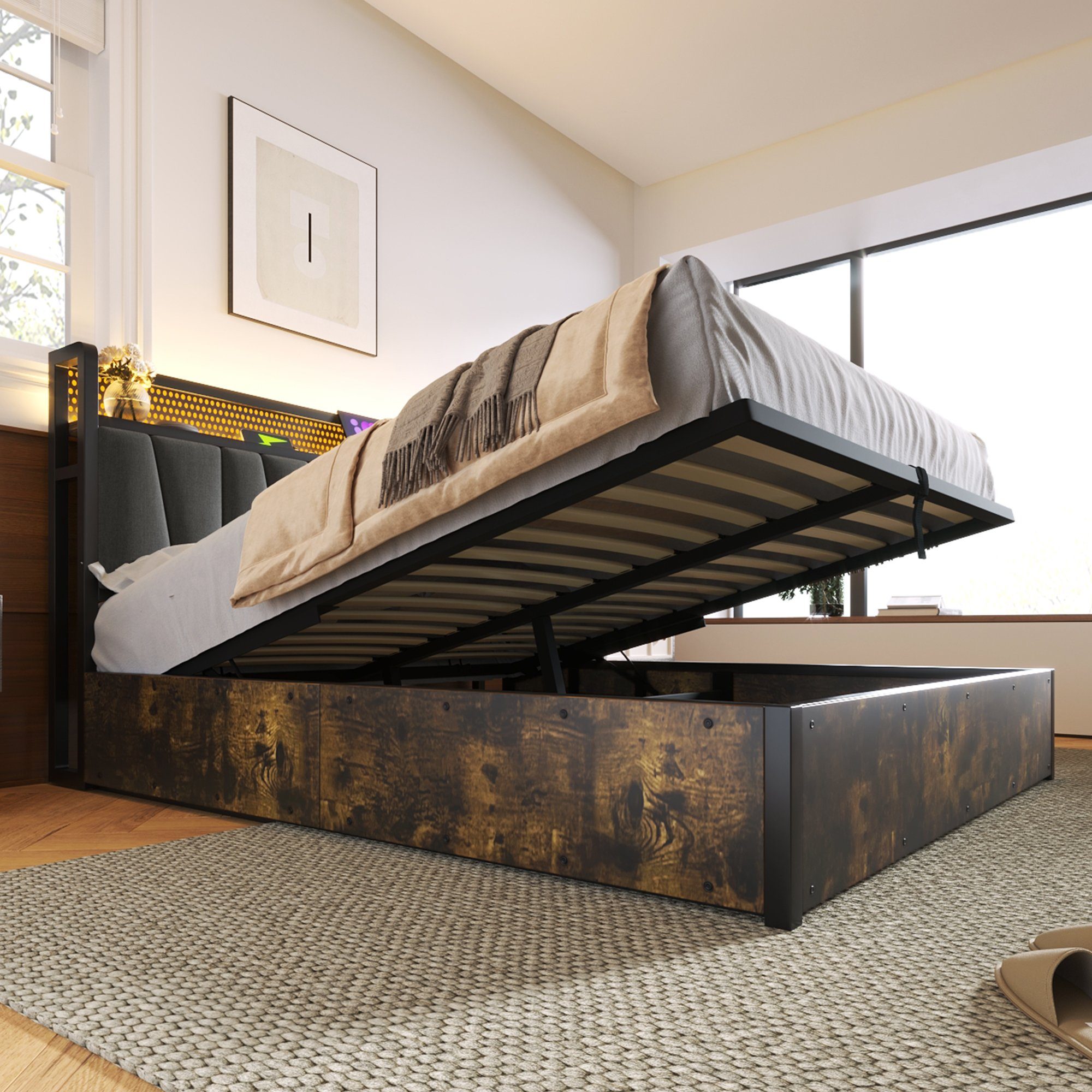 Flieks Polsterbett (1-tlg), LED Metallbett Holzbett mit Ladefunktion und St günstig online kaufen