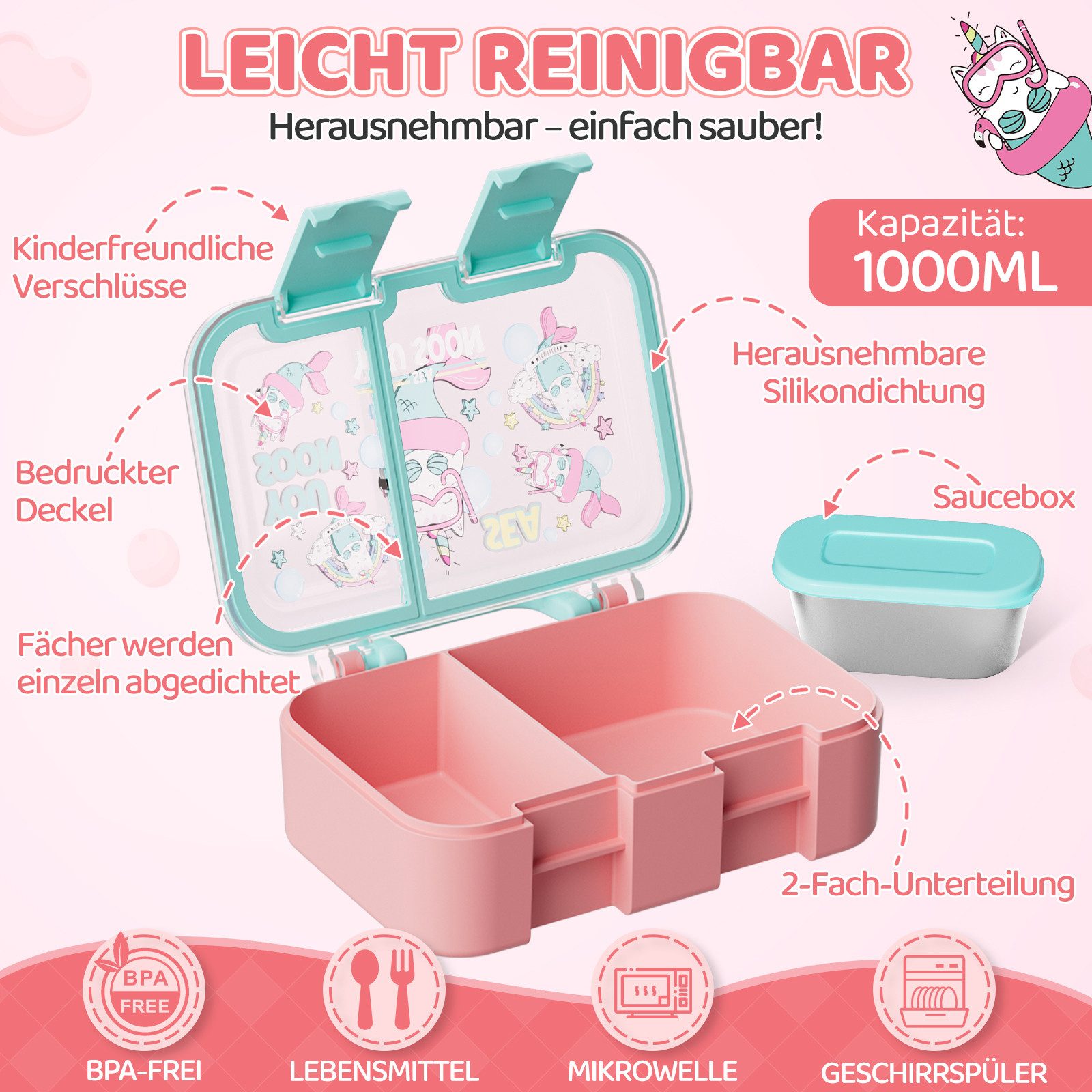Bundviel Lunchbox Brotdose Kinder mit Fächern Bento Box Auslaufsicher Lunchbox