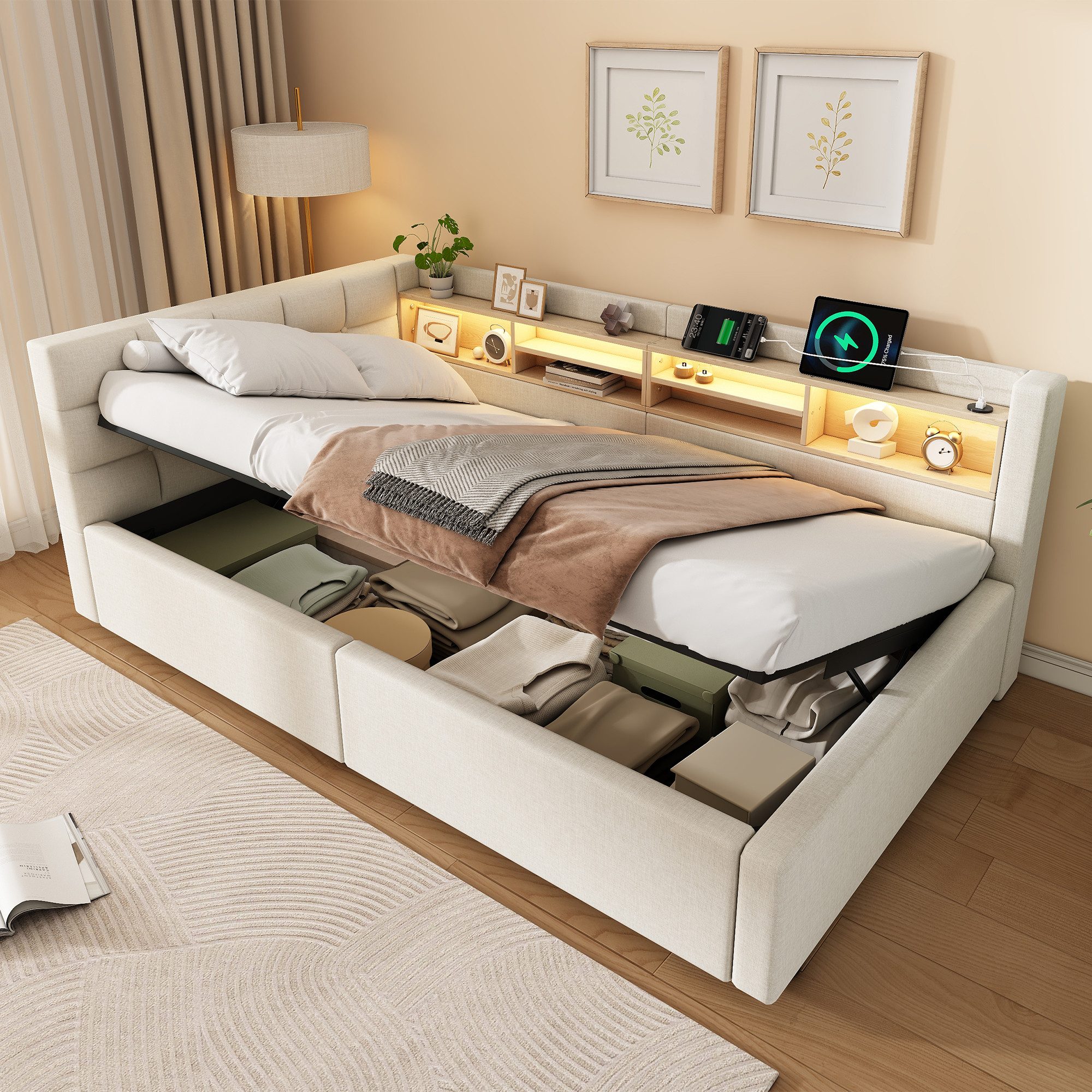 Ulife Daybett mit dimmbarer LED‑Leiste, praktischem Regal, Tagesbett, Schlafsofa, Hydraulische Lagerung mit USB‑Anschluss, 90 x 200 cm