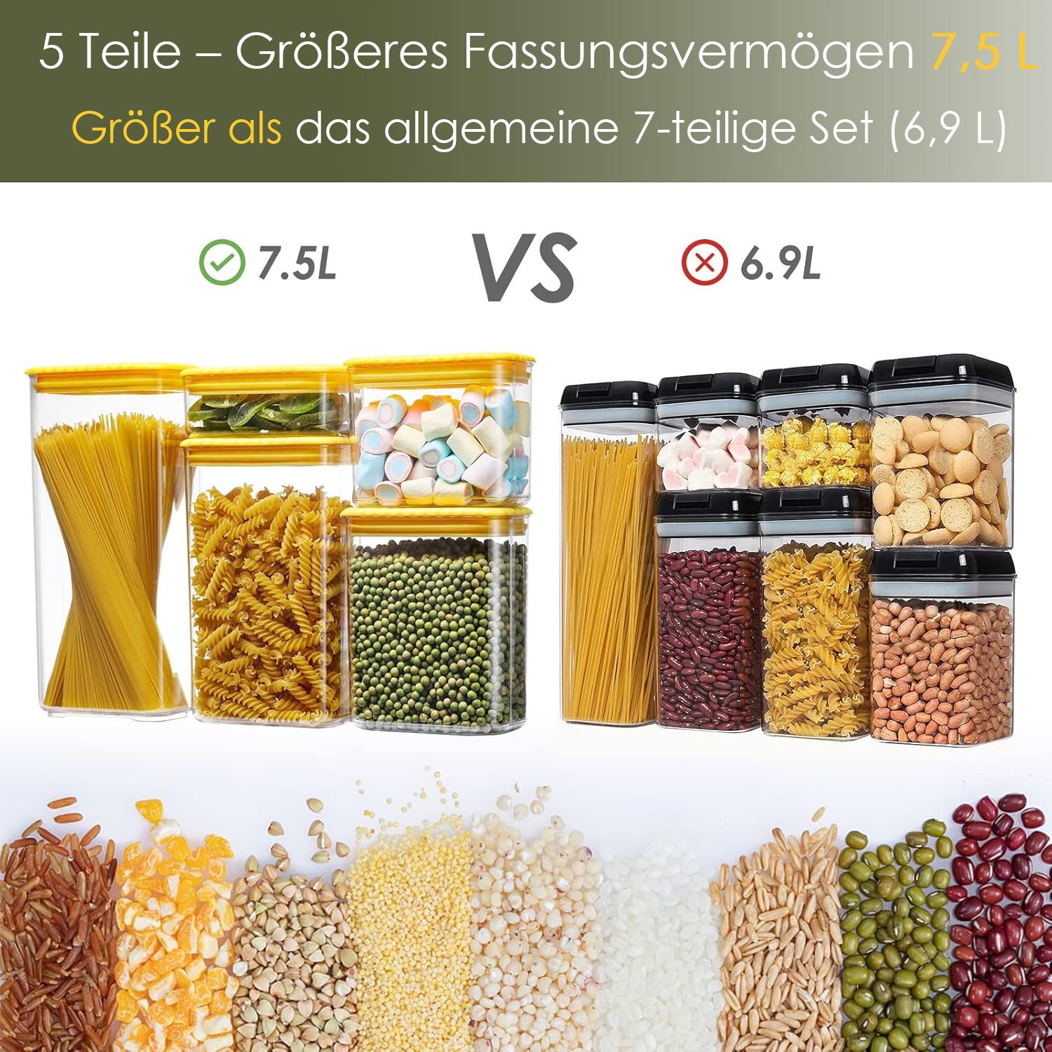 Elegear Frischhaltedose Müsli-Aufbewahrungsbehälter-Set, luftdichte Frischhaltedosen, 5-teilig, (Spar-Set, ineinander stapelbar, 5er-Set), BPA-freier, lebensmittelechter Kunststoff für Vorratskammer und Küchen