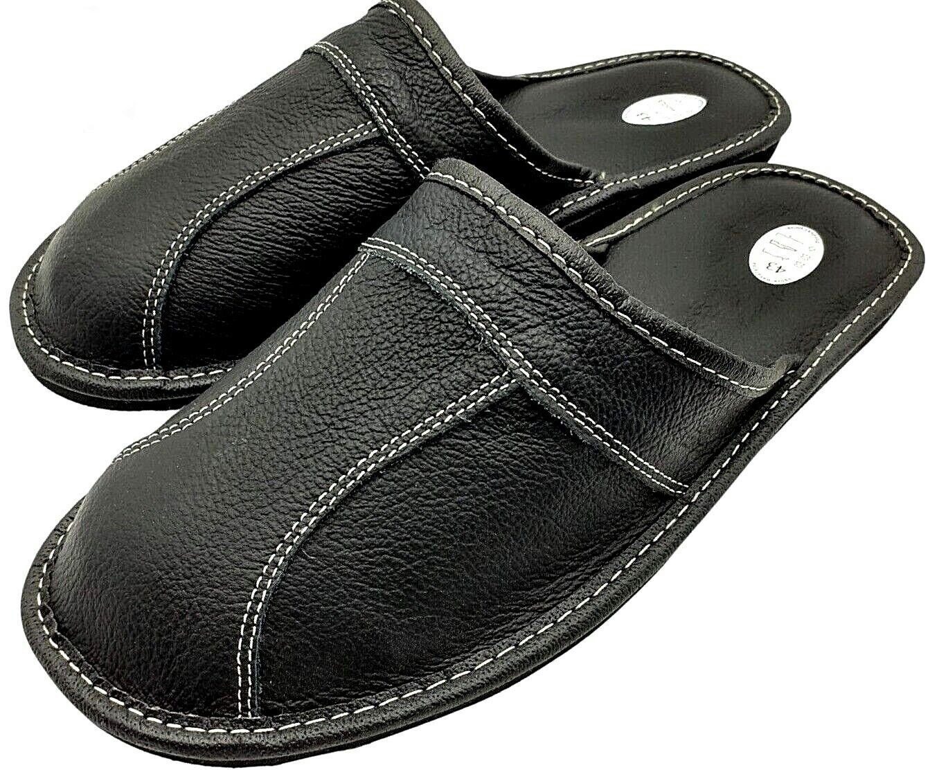 Herren Leder Rindleder Hausschuhe schwarz Hausschuh