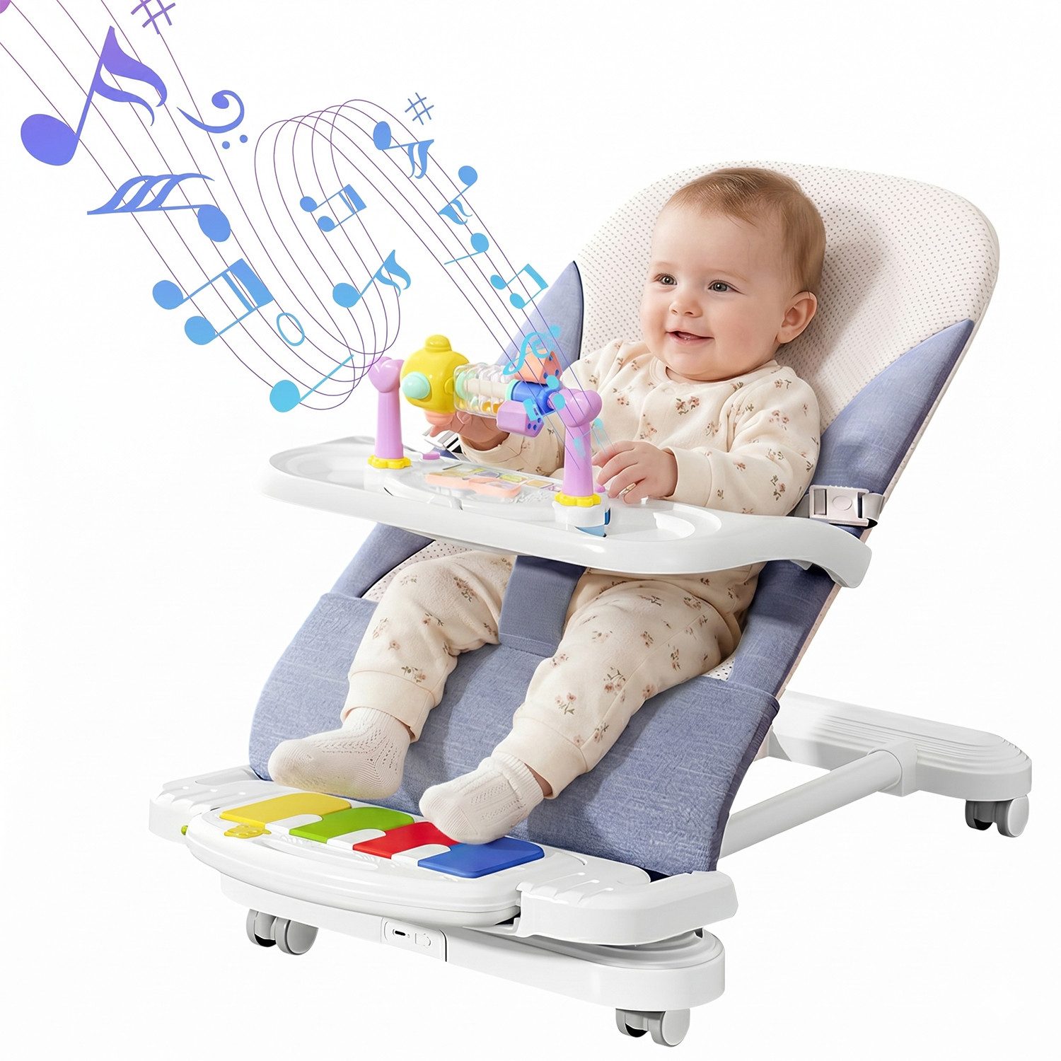 HEYHIPPO Kinderstuhl Babywippe 3-in-1 – mit Klavier, abnehmbarem Tablett, für 4–24 Monate (Packung), Baby-Schaukelwippe 41×81×61 cm, für Füttern & Spielen, max. – Bild 3 von 5