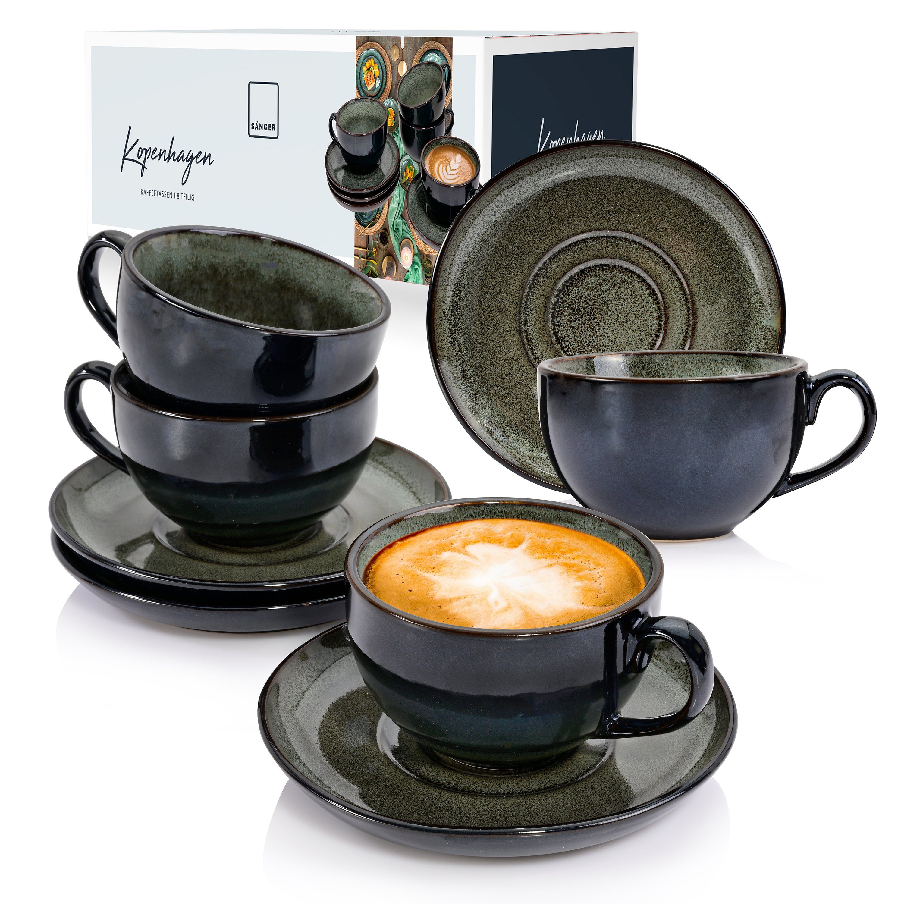 SÄNGER Kaffeeservice Kopenhagen Kaffeetassen Set Grün Steingut, 4 Handmade, Personen, Grau, 250ml (8-tlg)