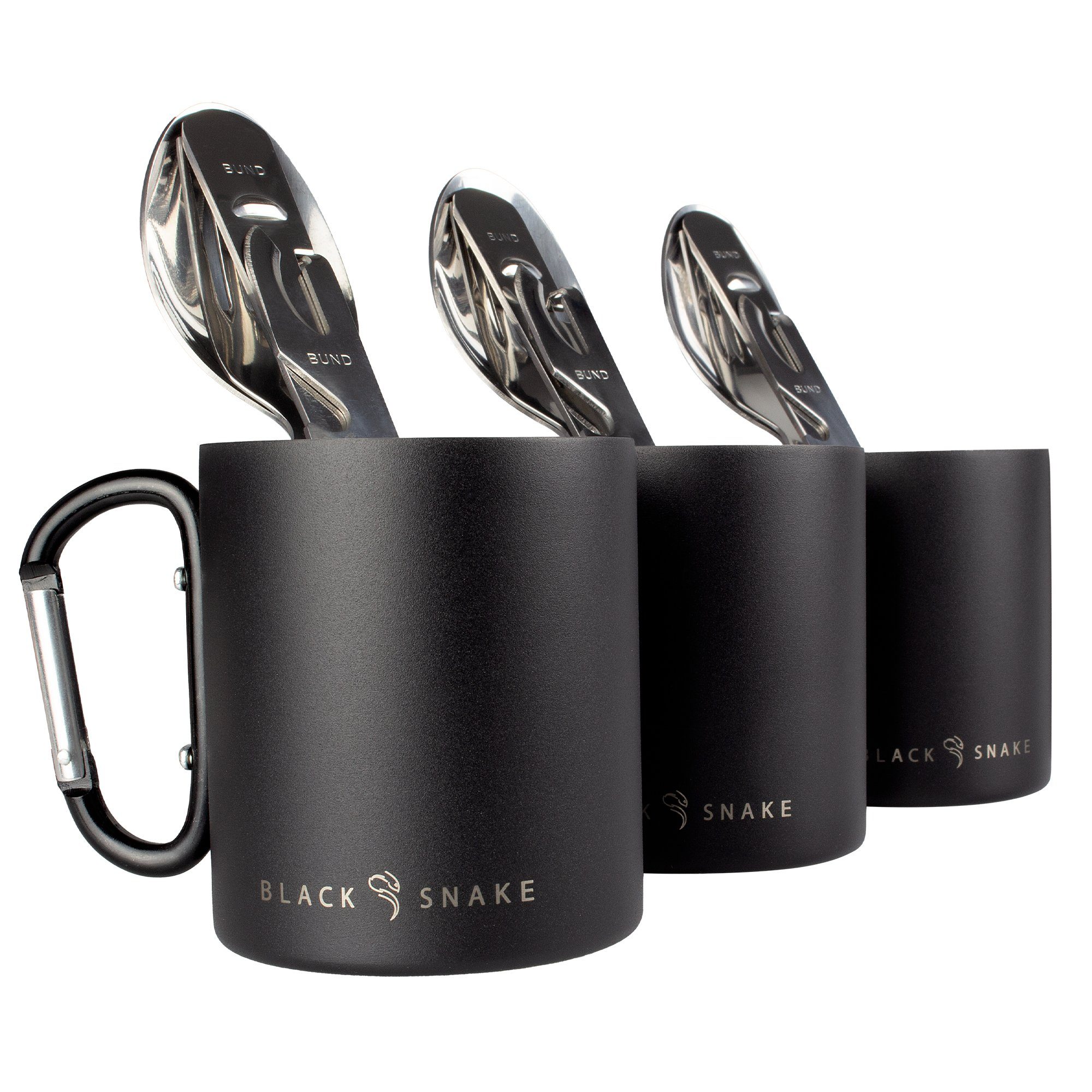 Black Snake Geschirr-Set Karabiner Haken Thermo Tasse mit Campingbesteck, 3 Personen