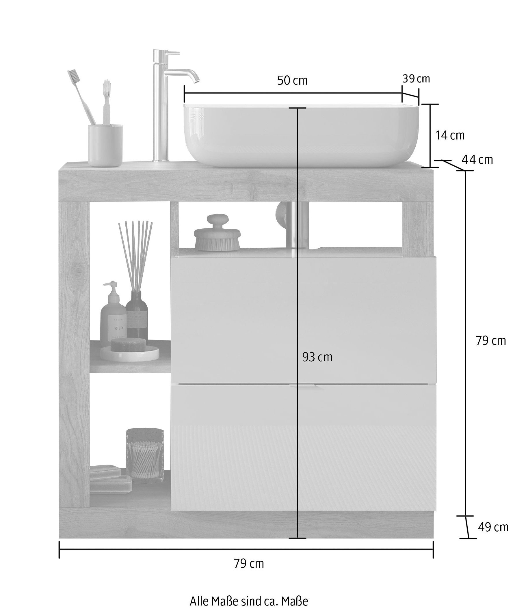 welltime Waschtisch Hamburg, 2 Schubkästen, Breite 79 cm, Soft-Close, inkl. Keramik-Aufsatzbecken