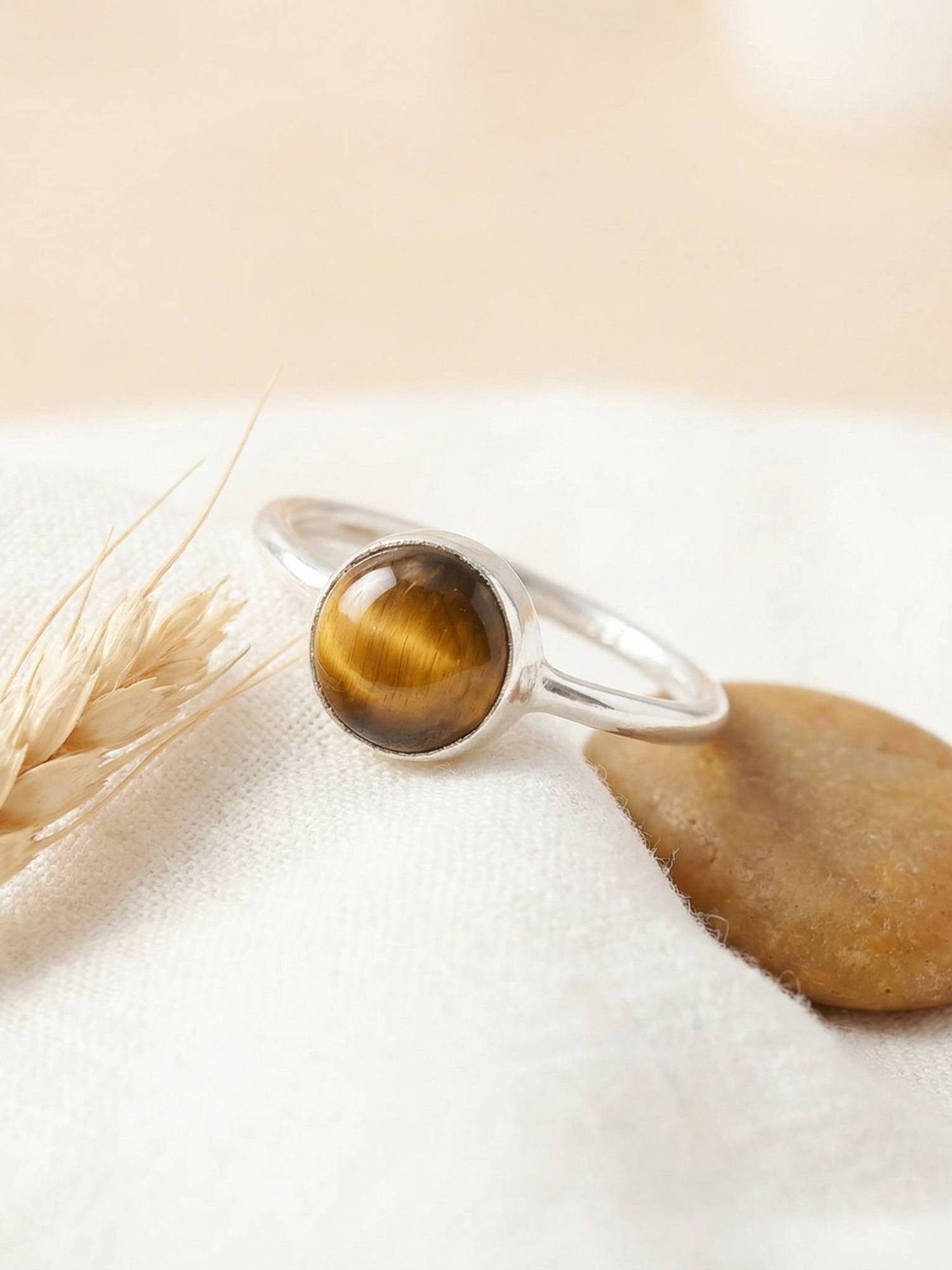 mantraroma Silberring SAMA rund aus 925 Silber mit Tigerauge (Ring mit Schmuckbeutel), Damenring aus 925er Silber