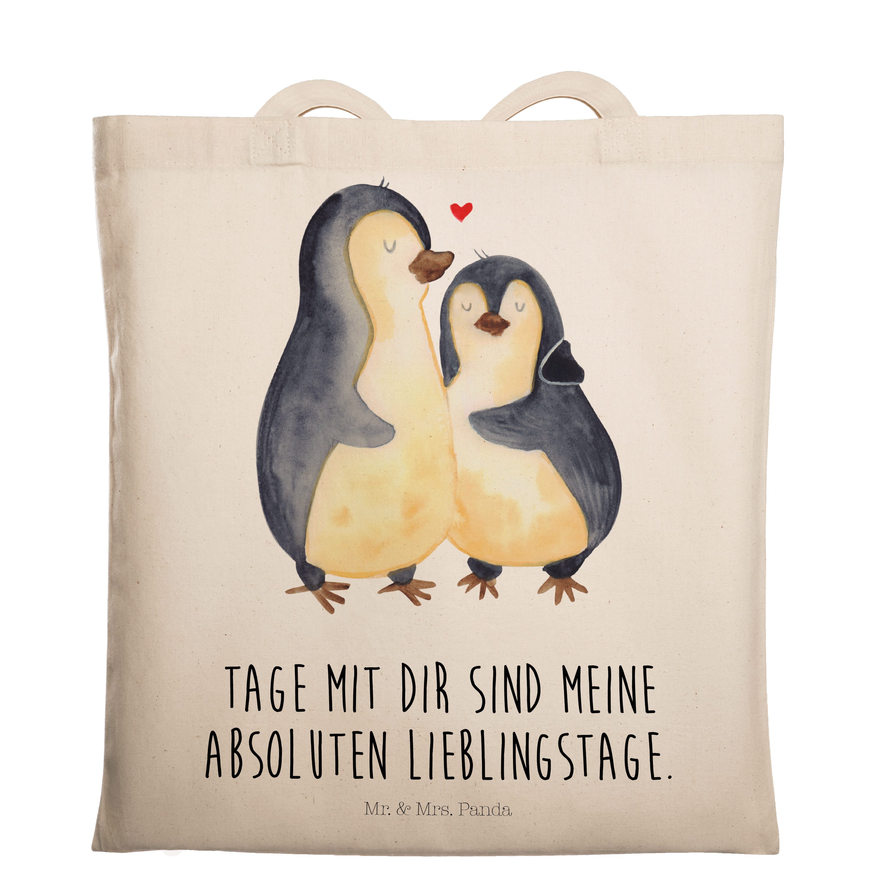 Mr. & Mrs. Panda Tragetasche Pinguin umarmend - Transparent - Geschenk, Liebe, Beutel, Jutebeutel, (1-tlg)
