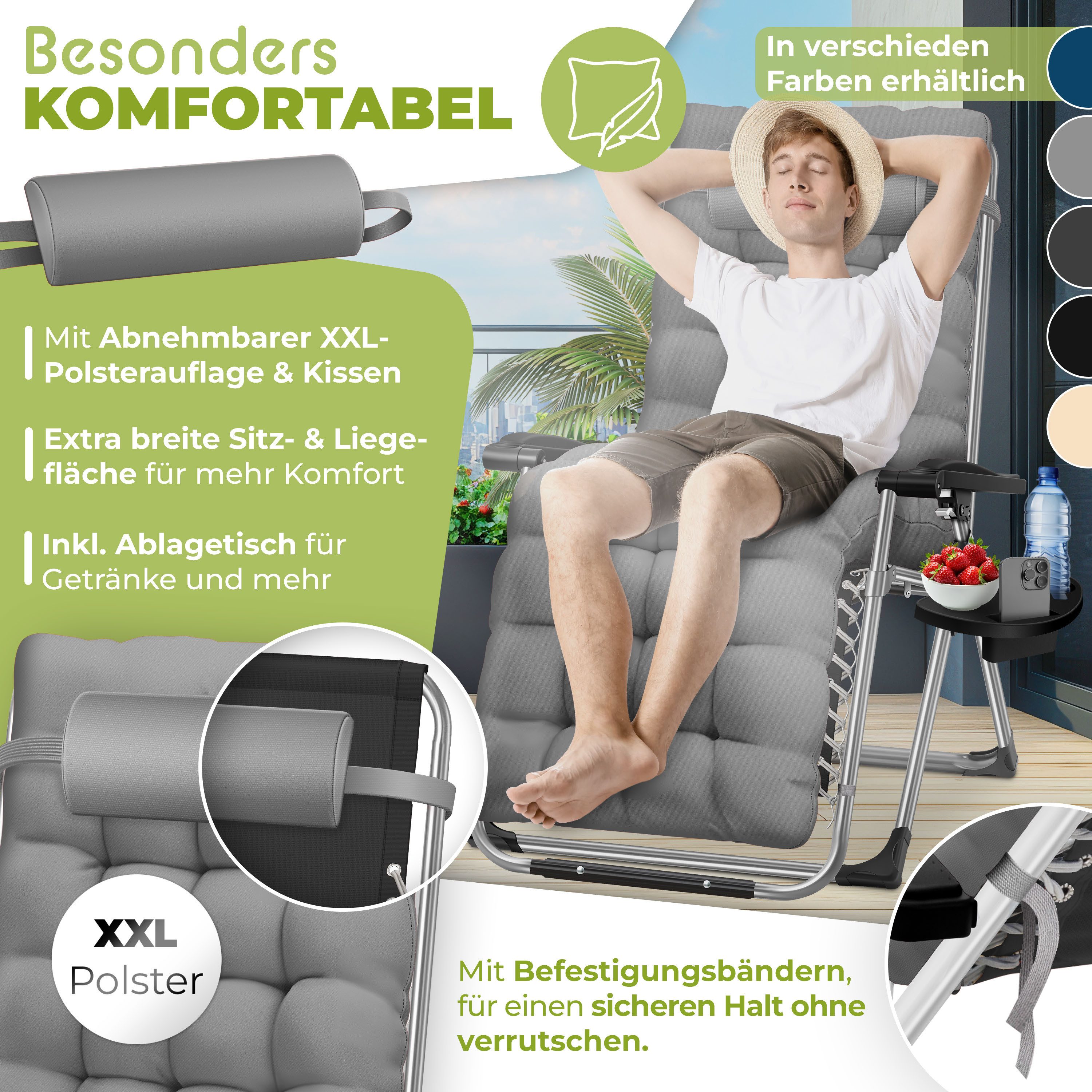 KESSER Gartenliege Gartenstuhl Sonnenliege 2 in 1 mit XXL Polster, Sonnenliege Liegestuhl Klappbar + Getränkehalter Gartenstuhl