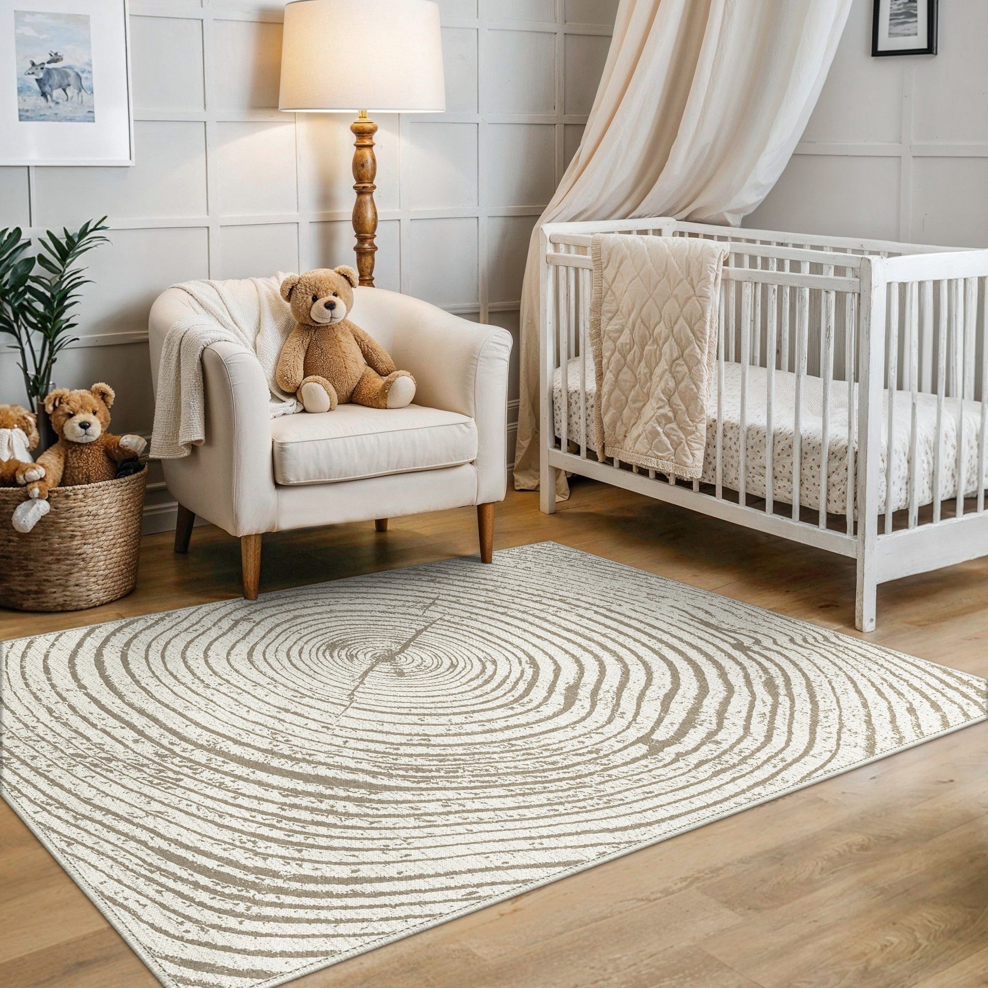 GENIMO Teppich Teppich-Baumringe Design, Modern, Kurzflor, rutschfest, Skandi, rechteckig, 80X150cm, Elfenbein
