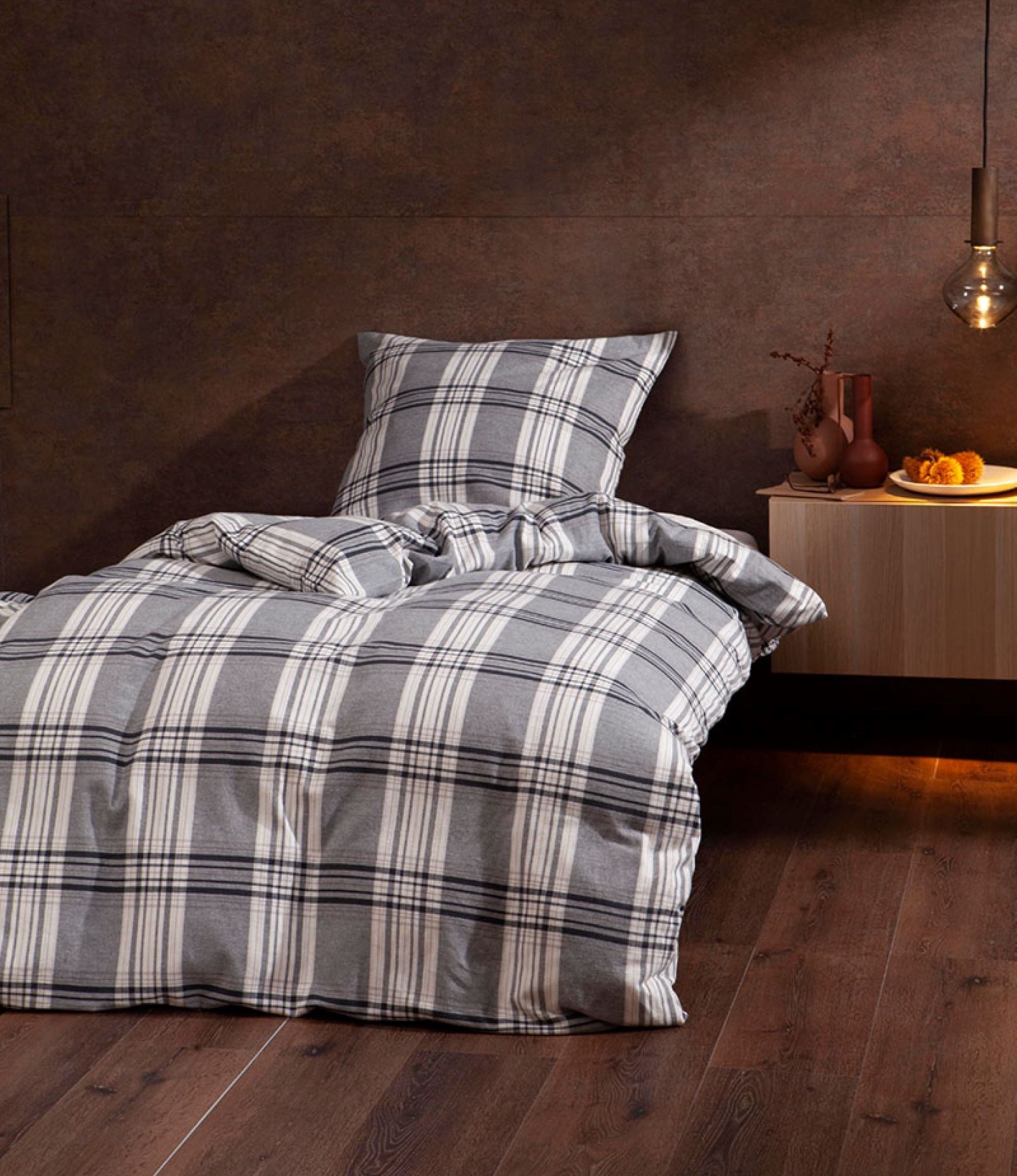 Dormabell Bettwäsche Dormabell Flanell Bettwäsche 155x220 cm Karo kariert silber grau beige, Flanell, 2 teilig, perfekt für kalte Nächte, kuschelig weich