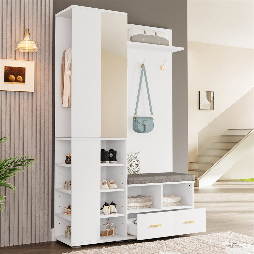 REDOM Garderoben-Set Wandgarderobe, Flurschrank, (mit Spiegel Kleiderstange Weiß, 1-St., B120/D35/H190 cm)