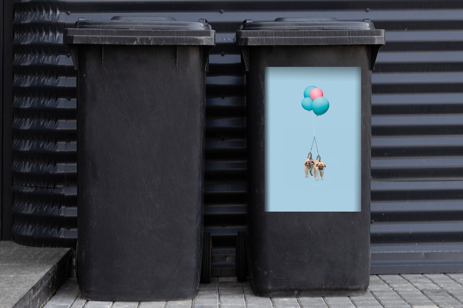 MuchoWow und (1 Mülltonne, Zwei Sticker, Container, Abfalbehälter St), Möpse auf Mülleimer-aufkleber, rosa blauen Luftballons Wandsticker