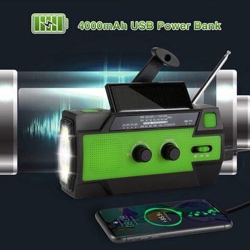 Clanmacy Solar Radio AM/FM Kurbelradio Tragbar USB Wiederaufladbar 4000mAh Radio (IPX3 wasserdichtes, Superhelle 3-Modus-Taschenlampe, Led-Taschenlampe, Sos-alarm, Power Bank, 10,00 W)