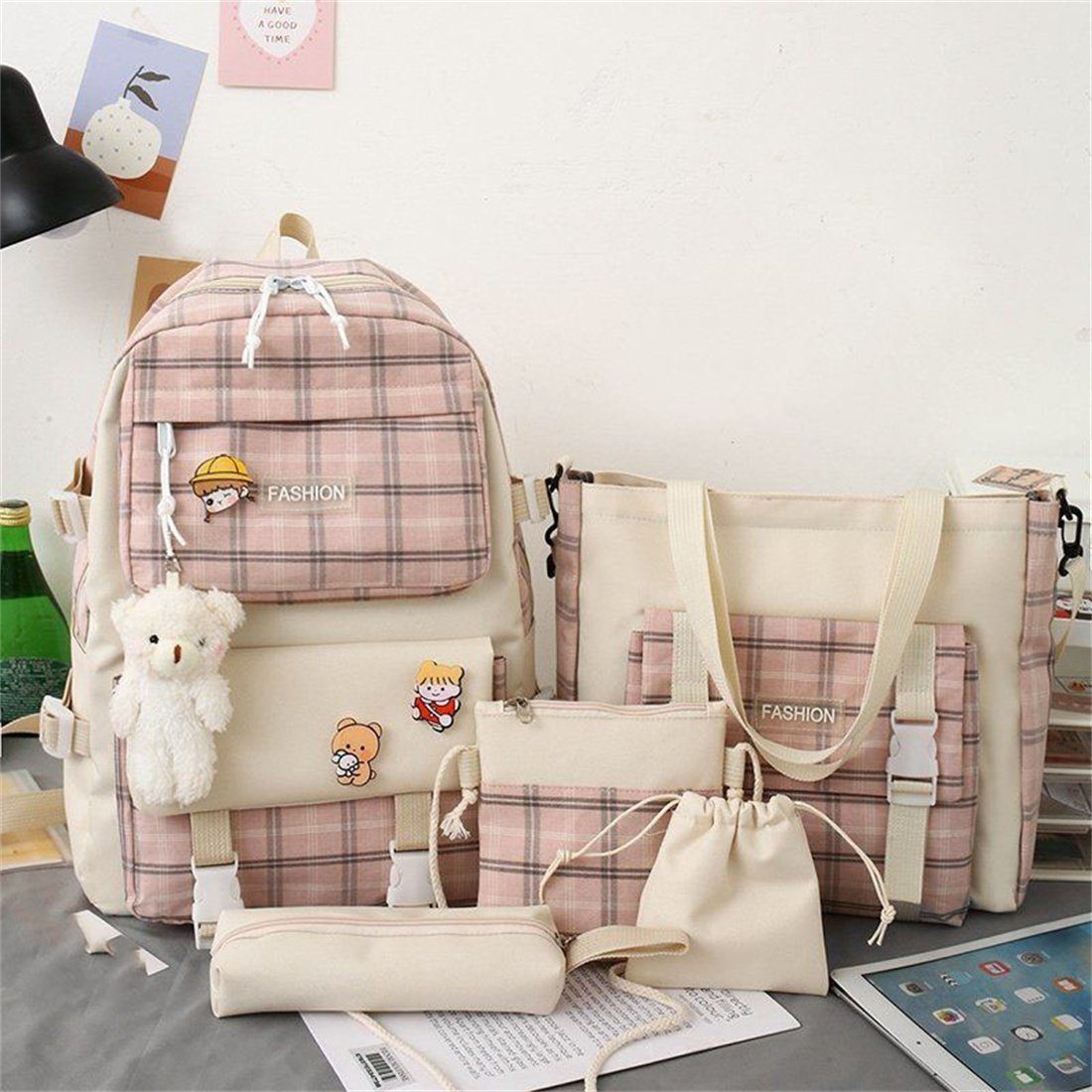 DÖRÖY Umhängetasche. Kapazität Plaid School Schulrucksack große Pcs 5 khaki Bag Student Set,