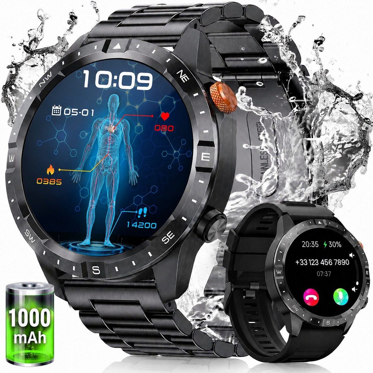 SWGOTA 2026 Smartwatch Herren Militär mit Herzfrequenz,HRV,SpO2,Schlafmonitor Smartwatch (3.63 cm/1,43 Zoll) AMOLED Fitness Tracker mit 1000mAh,70+ Sportmodi,IP68 Fitnessuhr