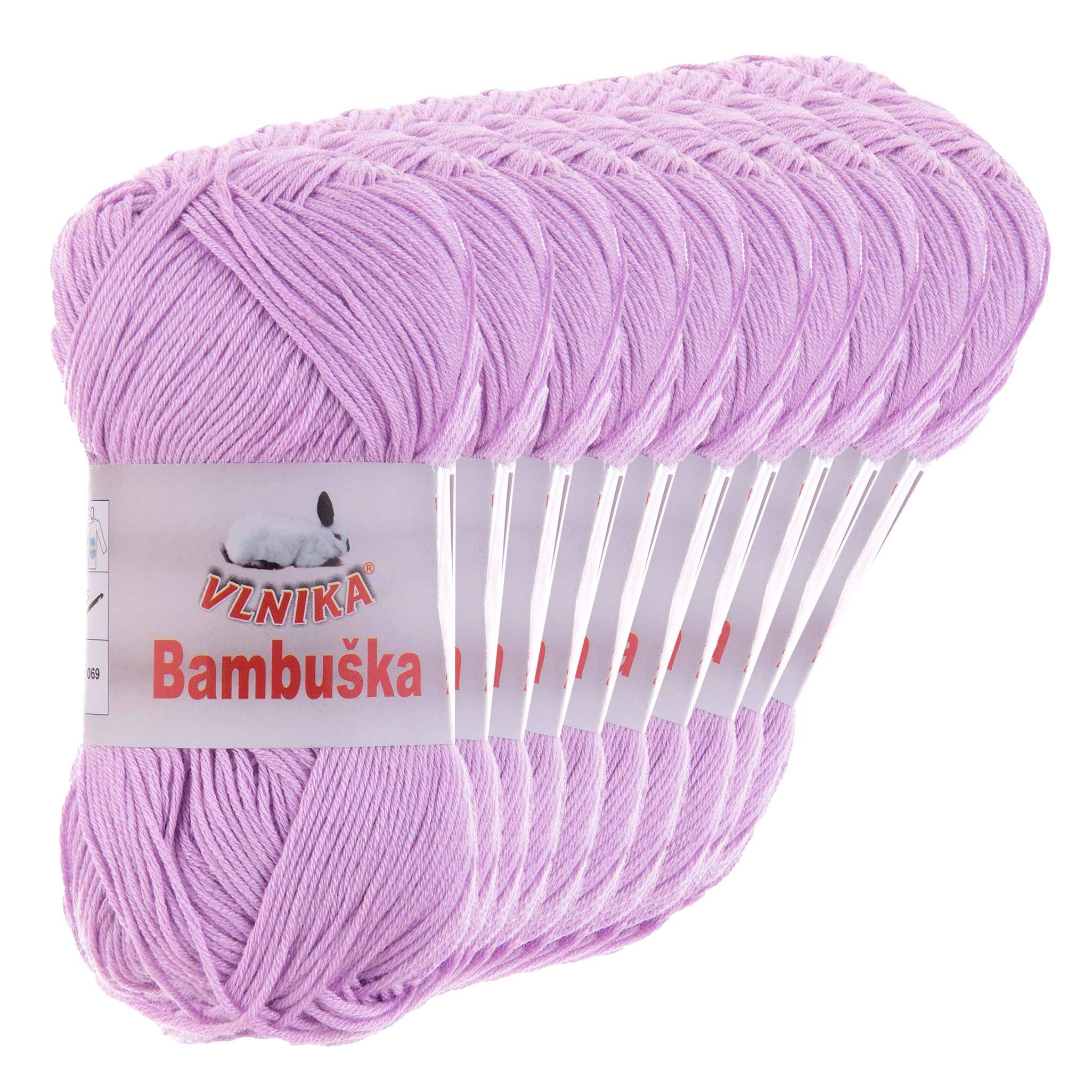 VLNIKA 10 x 50g Häkelgarn Bambuska Sommergarn Strickgarn Baumwolle Viskose Häkelwolle, 205 m (Sparpaket, 10 x 50g Knäuel), 509 lavendel