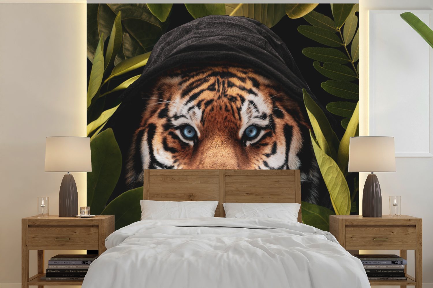 Schlafzimmer, MuchoWow bedruckt, Blätter, Wandtapete Dschungel St), Tapete Matt, (5 oder Fototapete Wohnzimmer Vinyl - Tiger - für