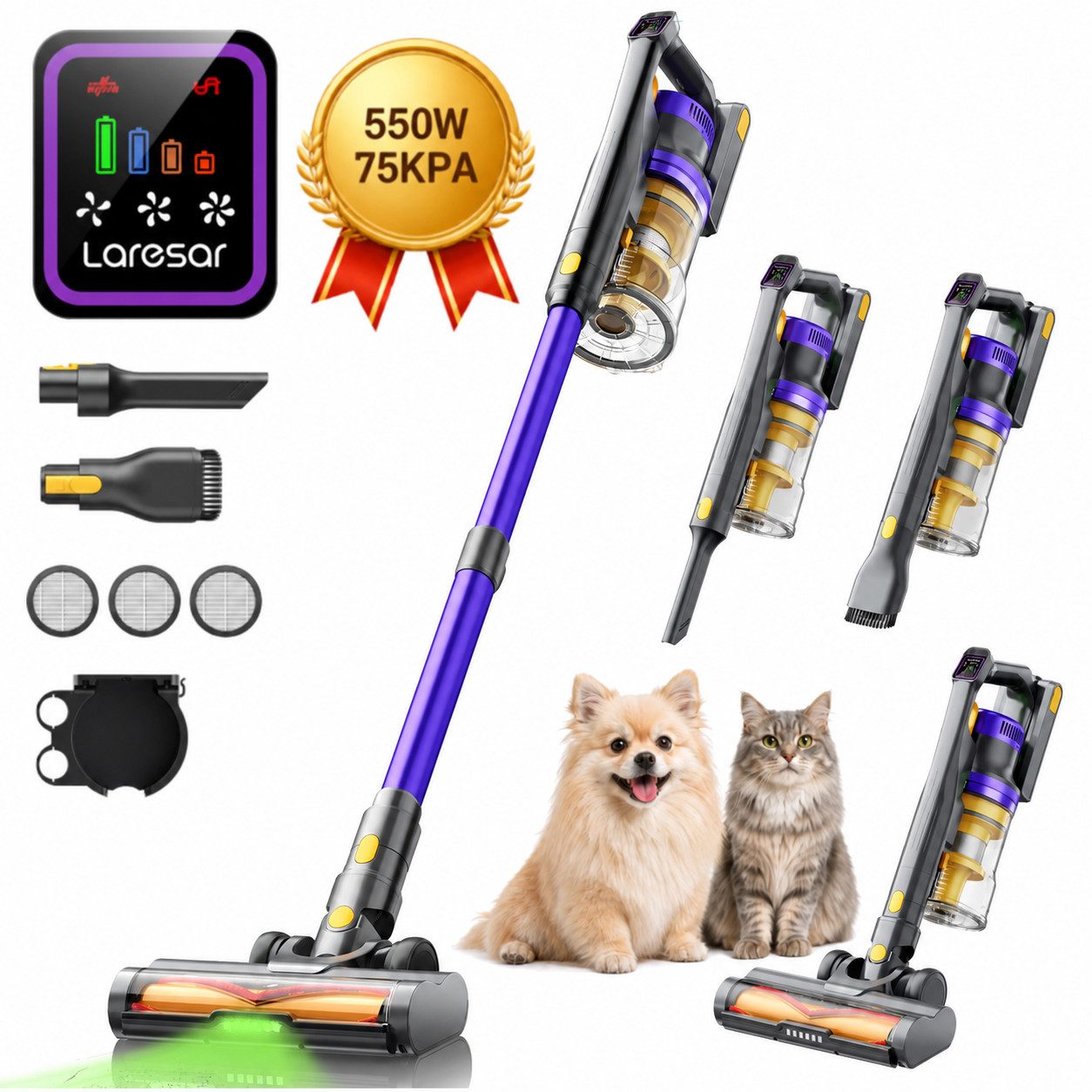Laresar Akku-Hand-und Stielstaubsauger X11 Akku Staubsauger,AkkuStaubsauger, 75KPA, 60Min Laufzeit,550W, beutellos, Intelligenter Touchscreen, Abnehmbarer Akku, 1,5 L Staubbehälter