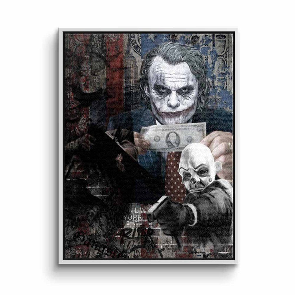 DOTCOMCANVAS® Leinwandbild, Leinwandbild Serious Money Joker Geld Pop Art Motiv mit premium Rahmen weißer Rahmen