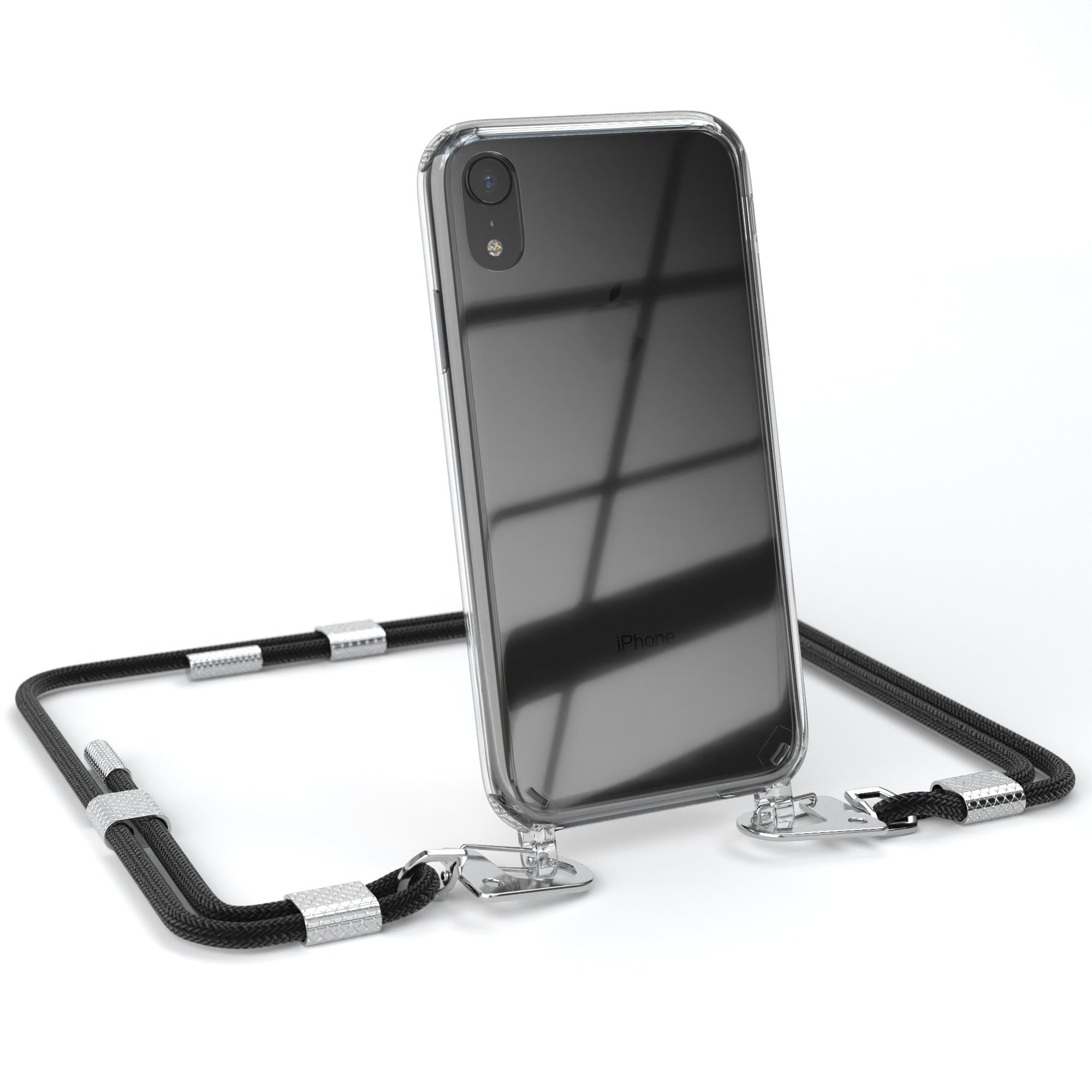 EAZY CASE Handykette Silikonhülle mit runder Kette für Apple iPhone XR 6,1 Zoll, Ketten Hülle Transparent Case Kettenhülle abnehmbare Kordel Schwarz