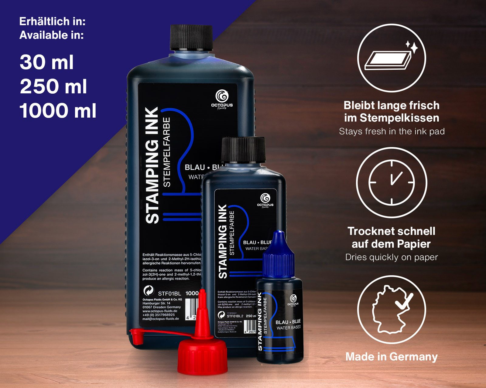 OCTOPUS Fluids Stempelfarbe für Stempelkissen, Selbstfärber ohne Öl, blau 30ml Stempelkissen